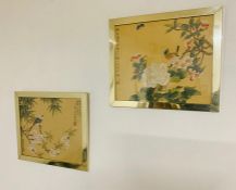 A pair of Chinese hand painted Roller birds on textile (silk?), signed with Сhinese characters and