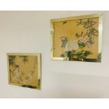 A pair of Chinese hand painted Roller birds on textile (silk?), signed with Сhinese characters and