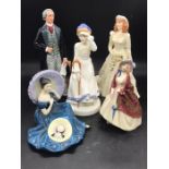 A selection of five Royal Doulton figures to include, Pensive Moments, Paisley Shawl, Sir John