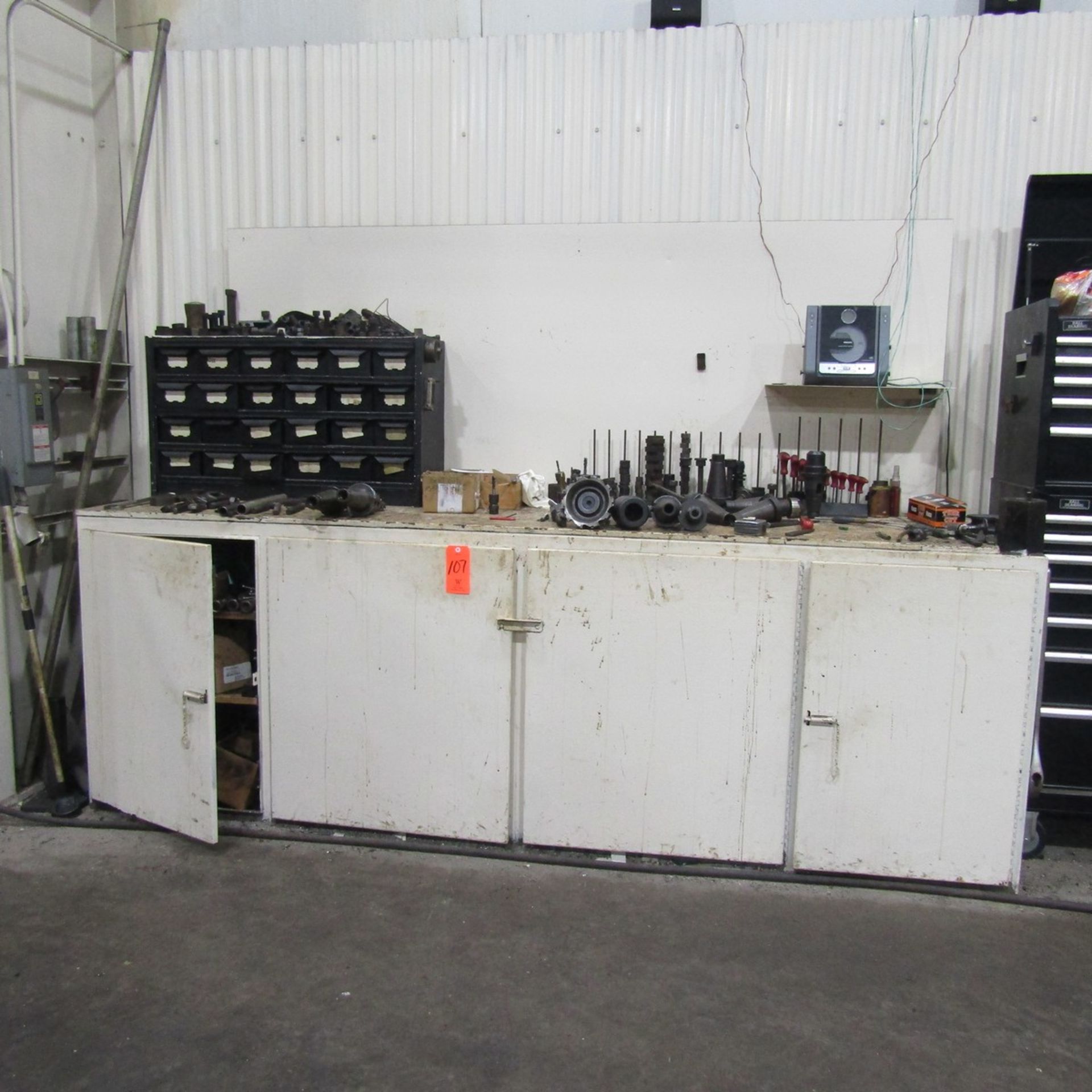 Lot - Workbench with Remaining Contents, to Include: CAT-50 Tool Holders, Misc. Tooling, Hold