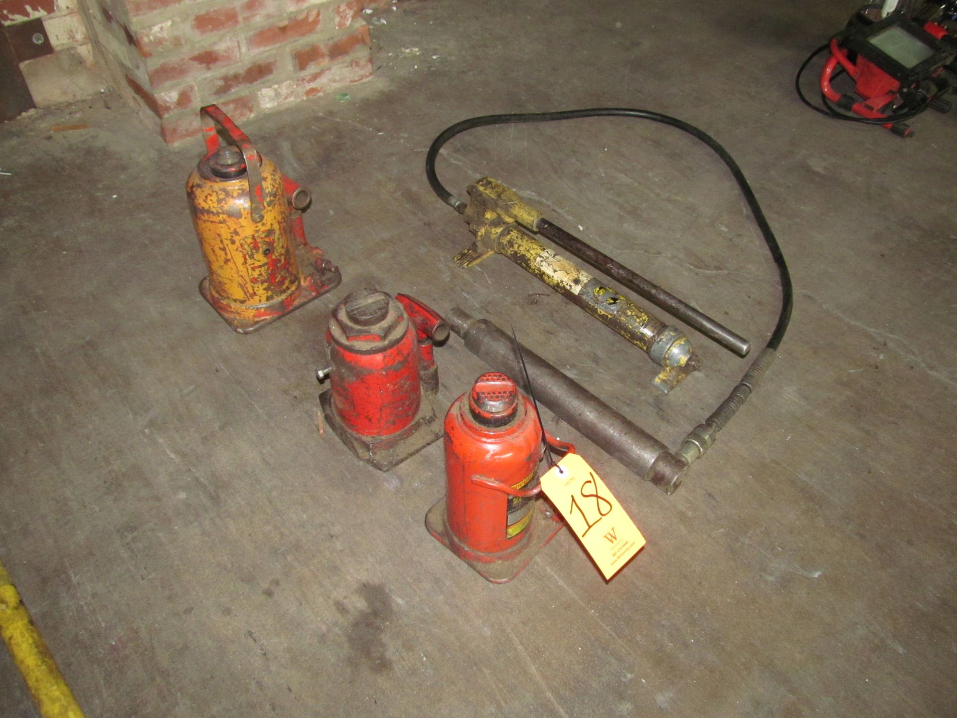 Lot - (3) Bottle Jacks and (1) Enerpac Pump