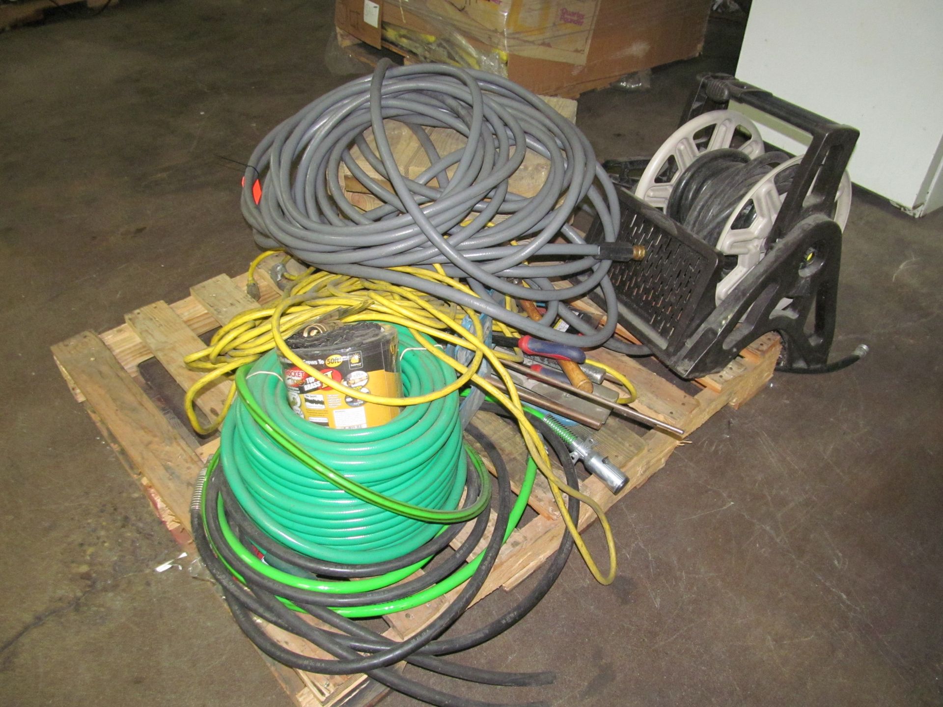 Lot - Assorted Hoses, Hose Reel, Extension Cords, Ext.