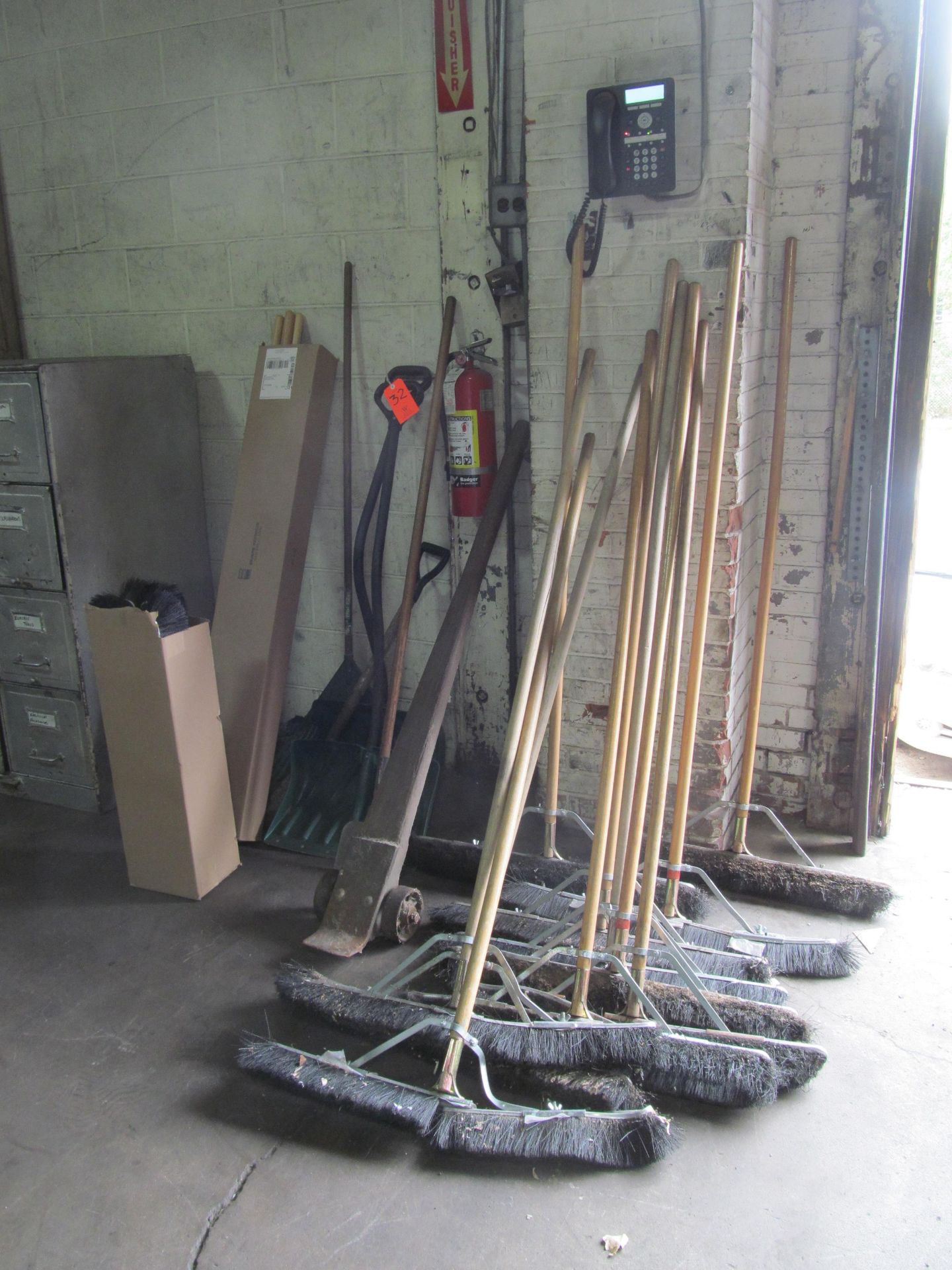 Lot - Assorted Brooms, (4) New Broom Heads with Handles, Johnson Bar - Image 2 of 2