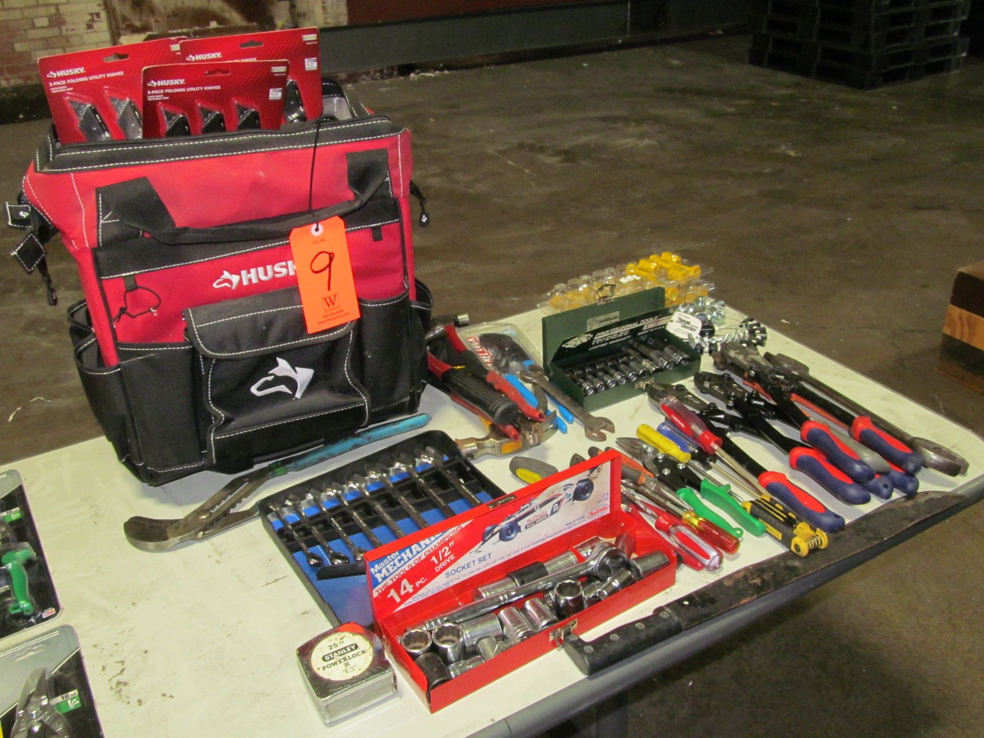 Lot - Husky Travel Tool Bag with Socket Sets, Hand Tools, Bolt Cutters, Thread Checkers, Container