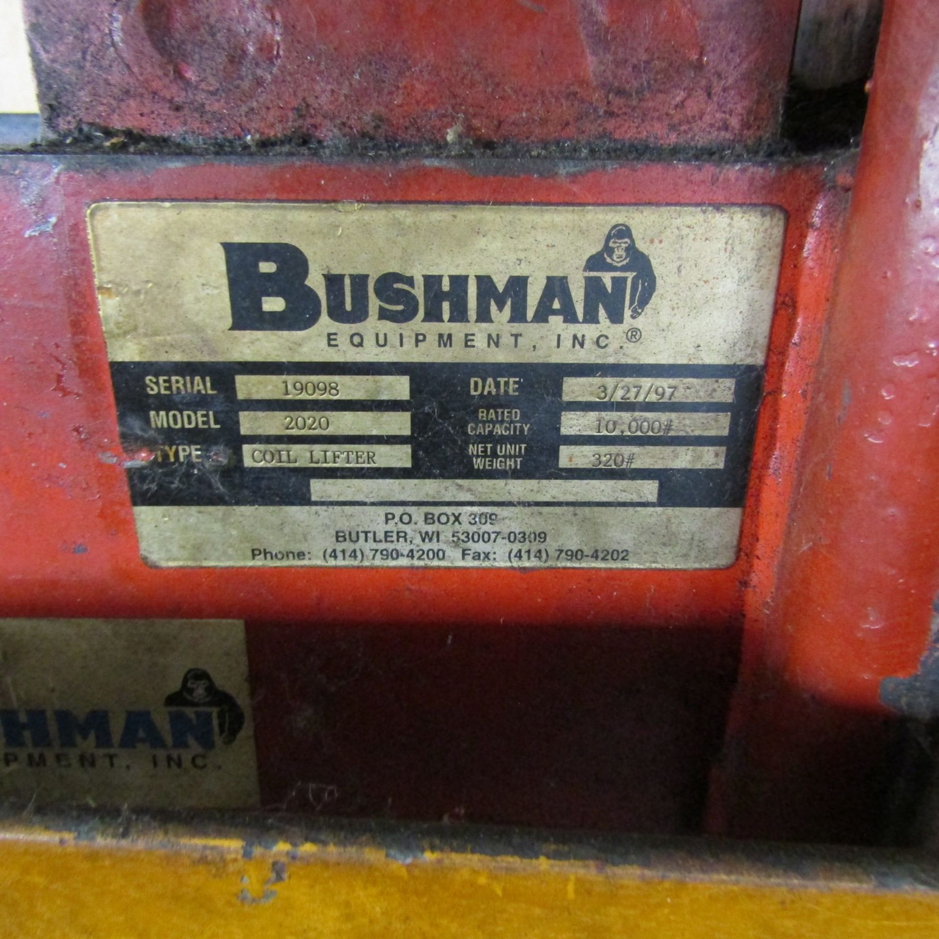 Bushman 5-Ton Cap. Model 2020 Coil Lift, S/N: 19098; 10,000 lb. Rating, with Cart - Image 2 of 2