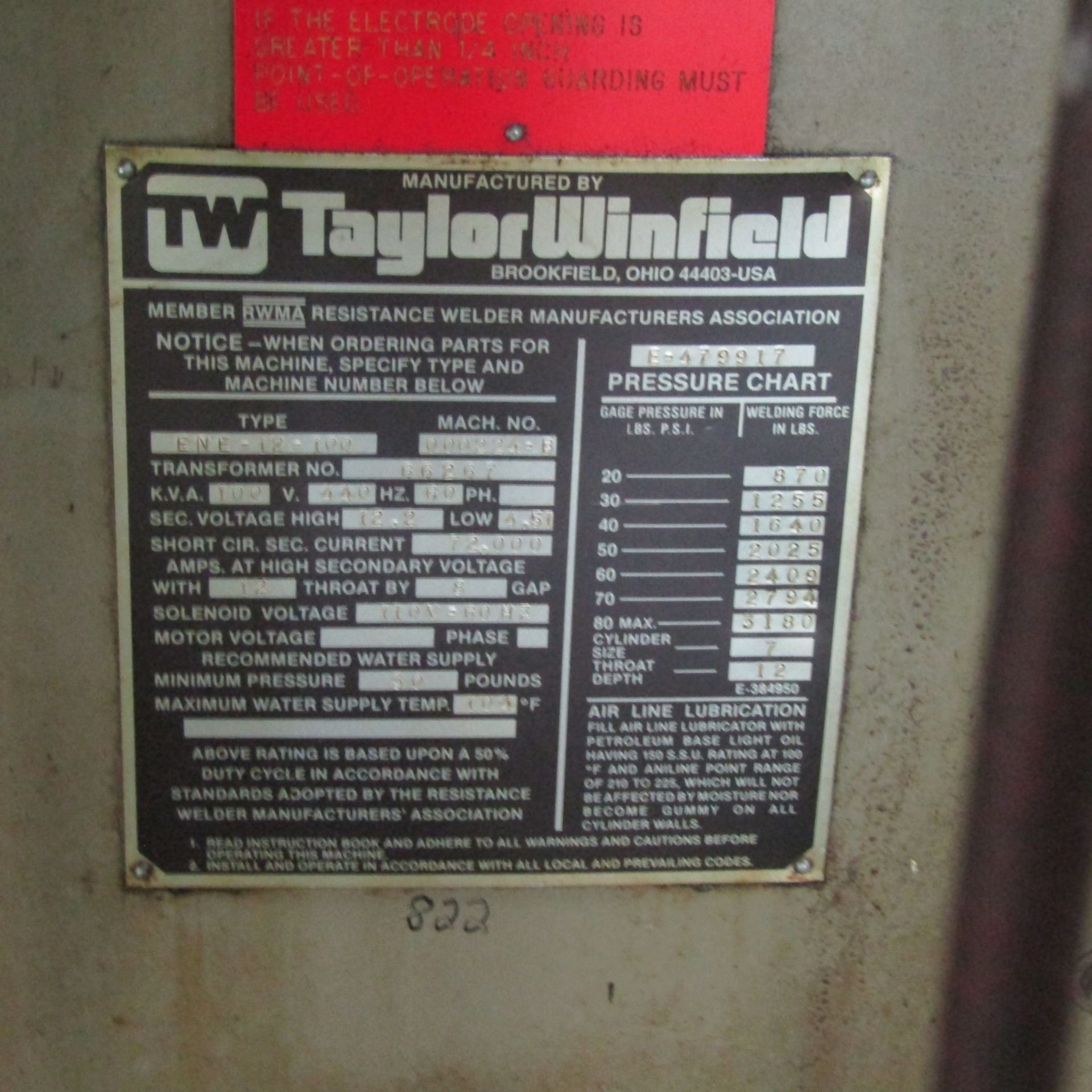 Taylor Winfield 100-KVA Model ENE-12-100 Spot Welder, S/N: 000224-B; with Entron Controls, 18 in. - Image 5 of 5