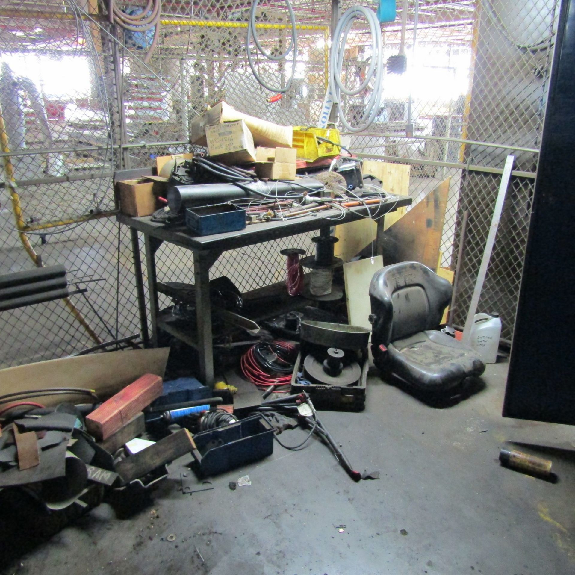 Lot - Tool Crib Fence with Contents to Include: Shelving Units, Cabinet, Belts, Hoses, Etc - Image 7 of 7