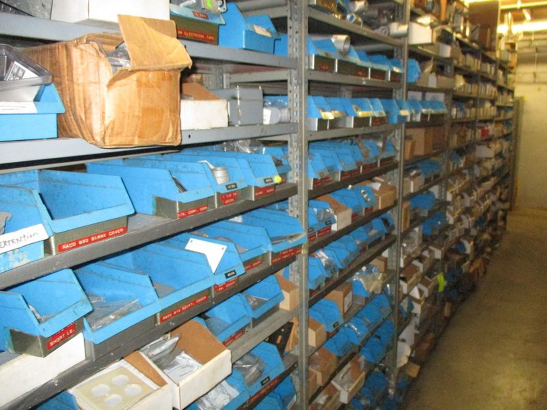 Lot - (7) Sections of Steel Shelving; with Electrical Parts