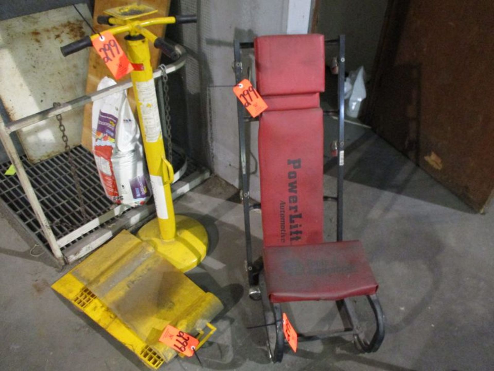 Lot - Powerlift Mechanics Service Cart, Stool, Trailer Stabilizing Jack, Wheel Chocks