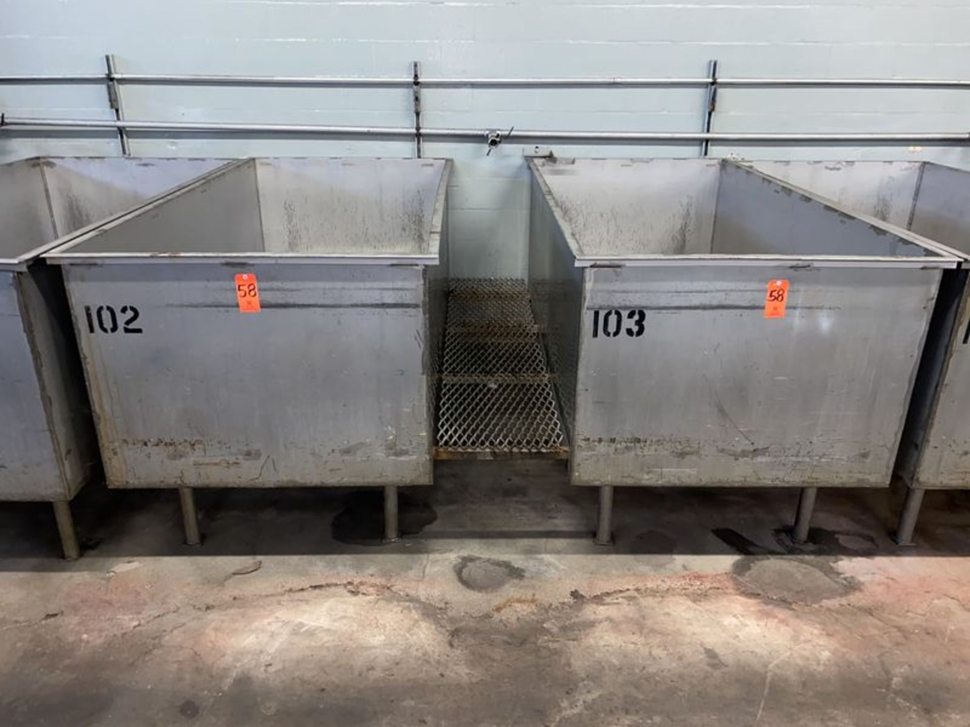 Lot - (2) 850 Gallon Cap. Stainless Steel Rectangular Tanks; with Bottom Perforated Screen, (4)