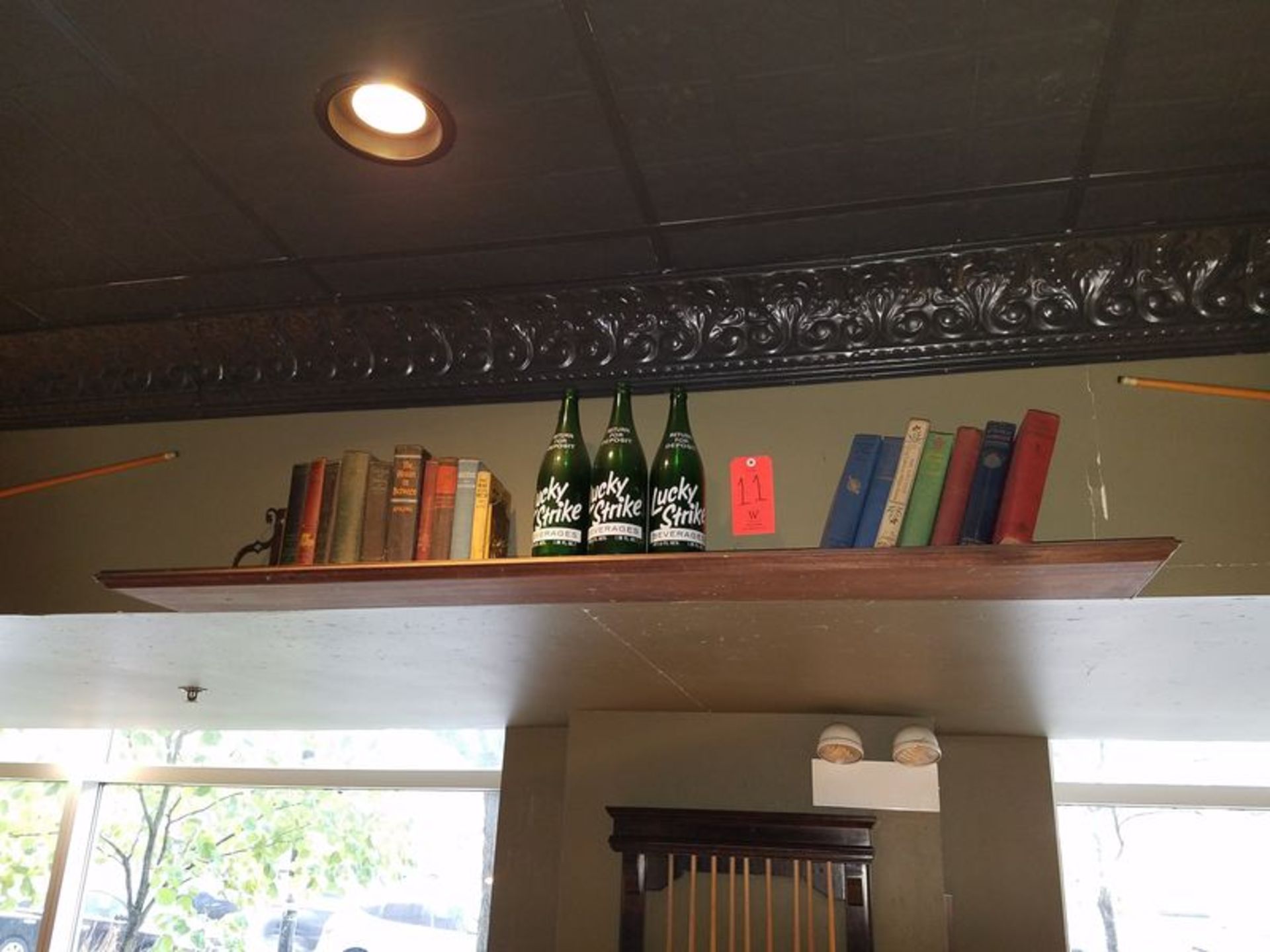 Lot - Assorted Books, Lucky Strike Bottles, Misc., with Shelf (Wall-Mounted)