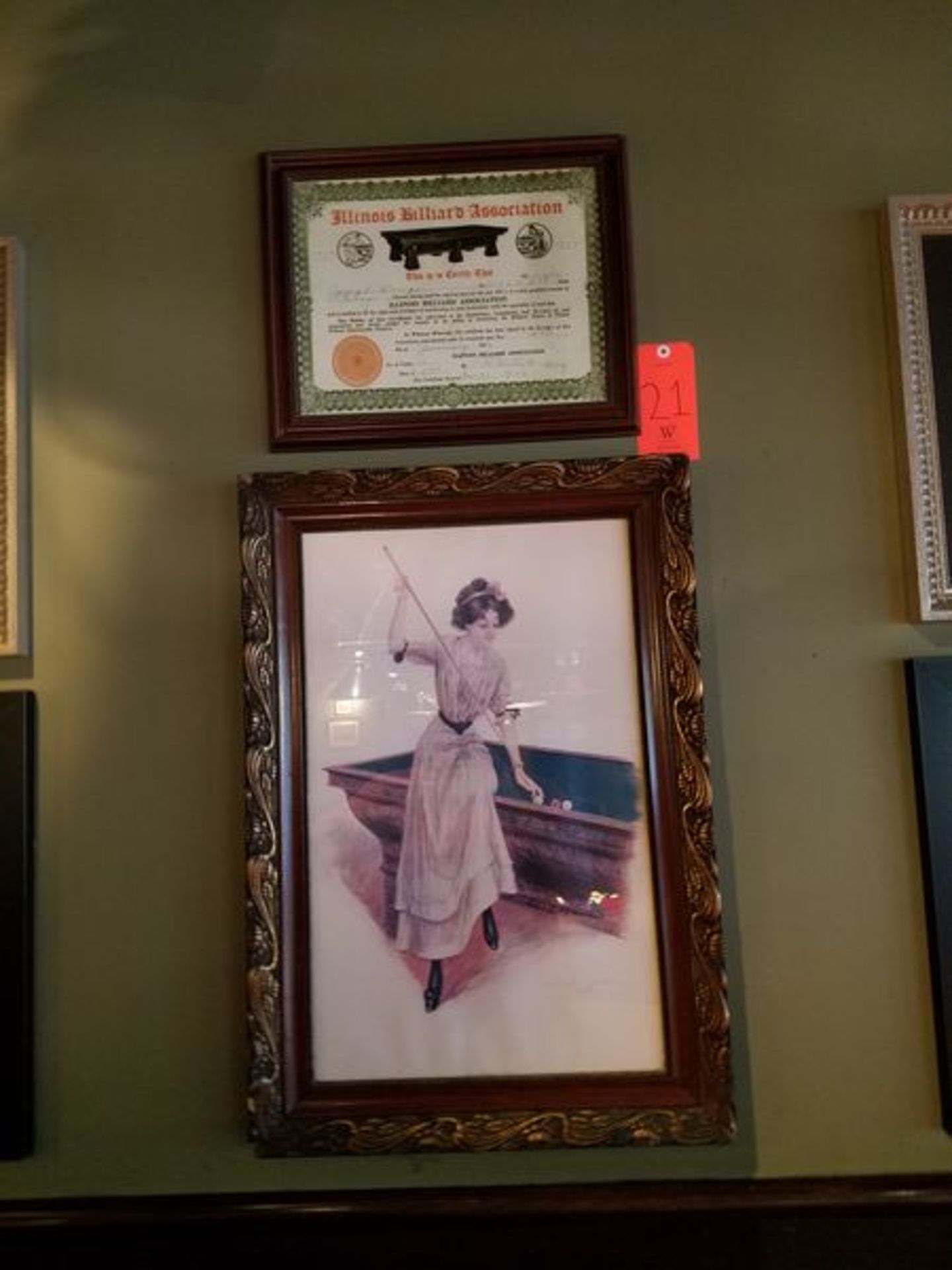 Lot - (1) Drawing of Female Billiard Player, and (1) Certificate from the Illinois Billiard