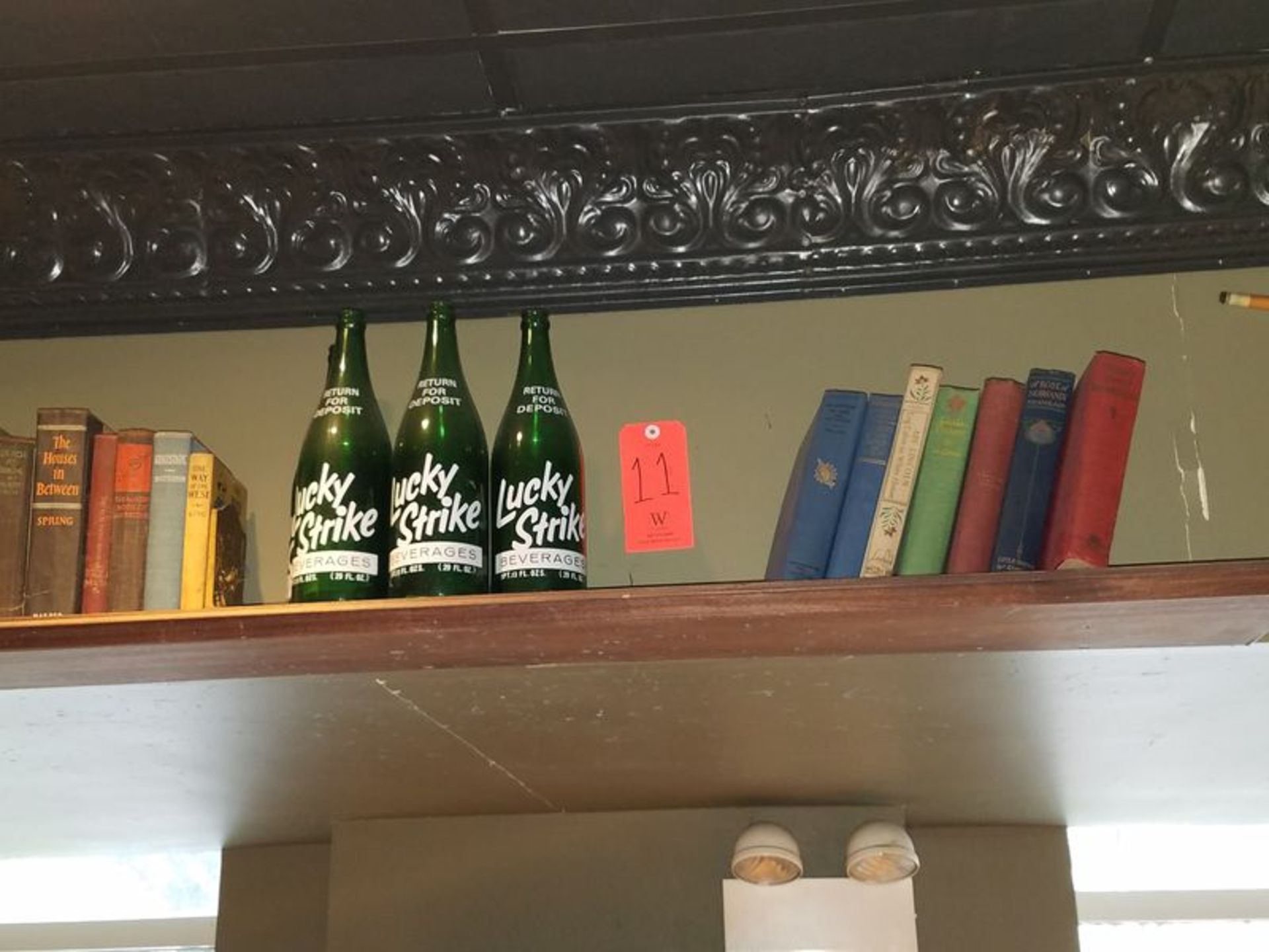 Lot - Assorted Books, Lucky Strike Bottles, Misc., with Shelf (Wall-Mounted) - Image 2 of 4