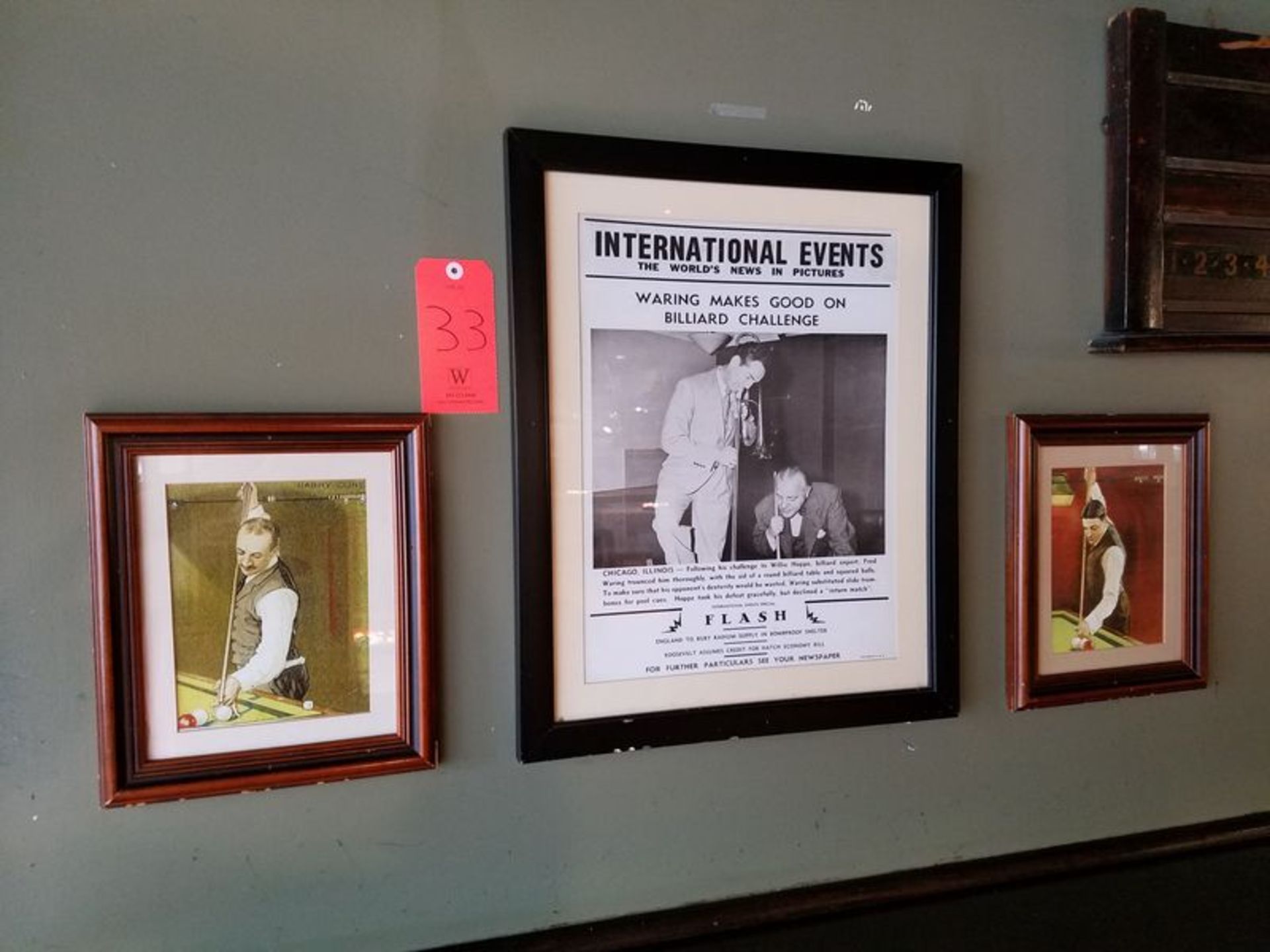 Lot - (1) International Events News Article, (2) Drawings of Billiard Player's: Harry Cline & Albert