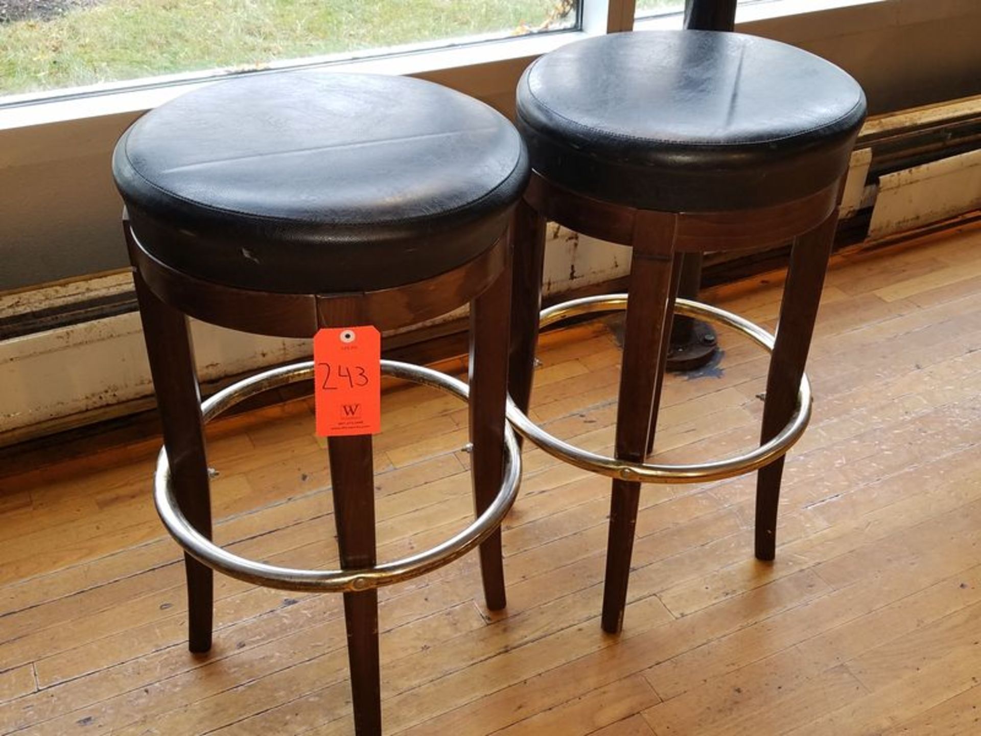 Lot - (2) Leather Seat Wood Bar Stools