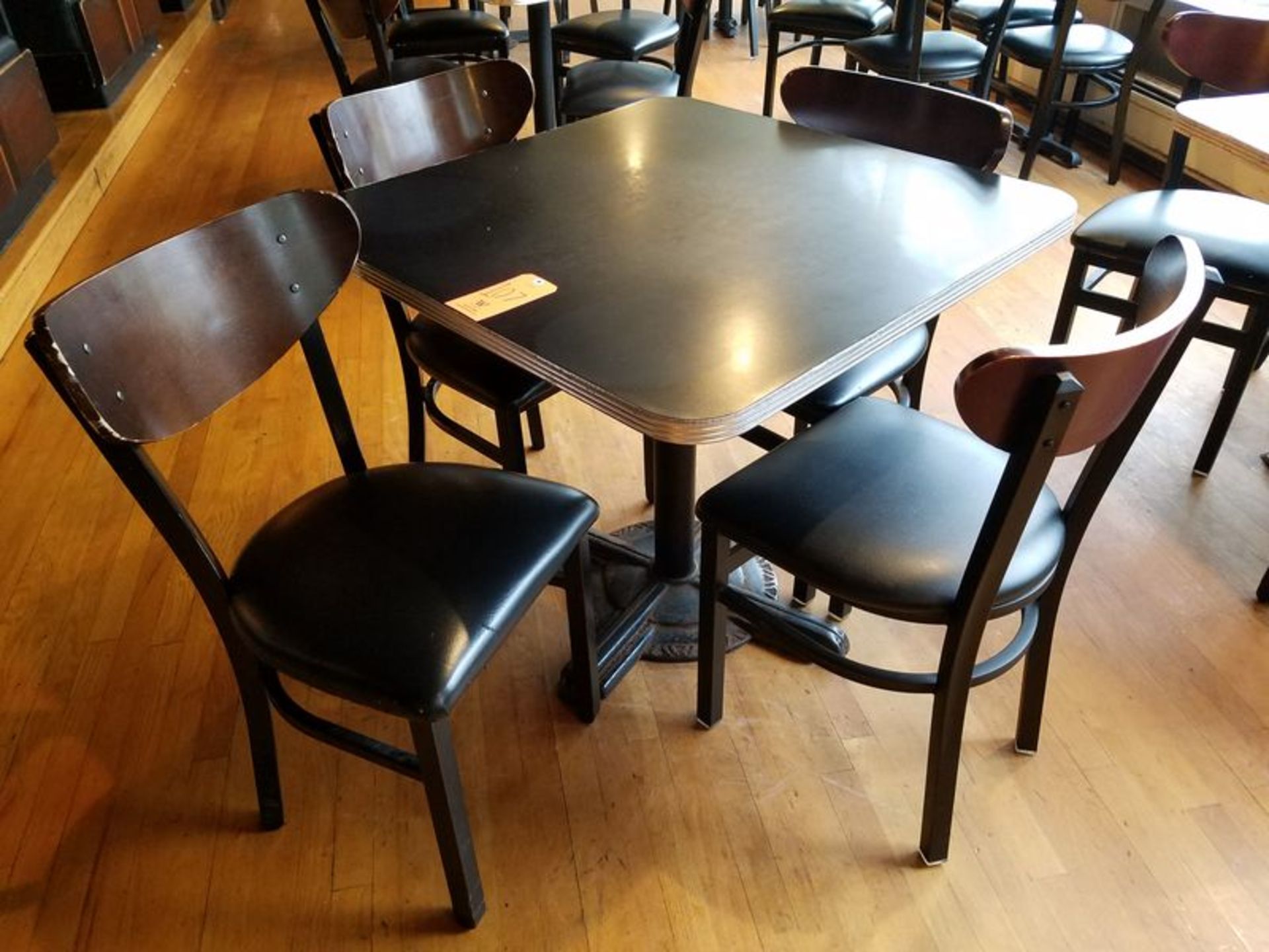 34 in. x 34 in. Art Deco Base Wood Dining Tables; with (4) Chairs, Metal Trim