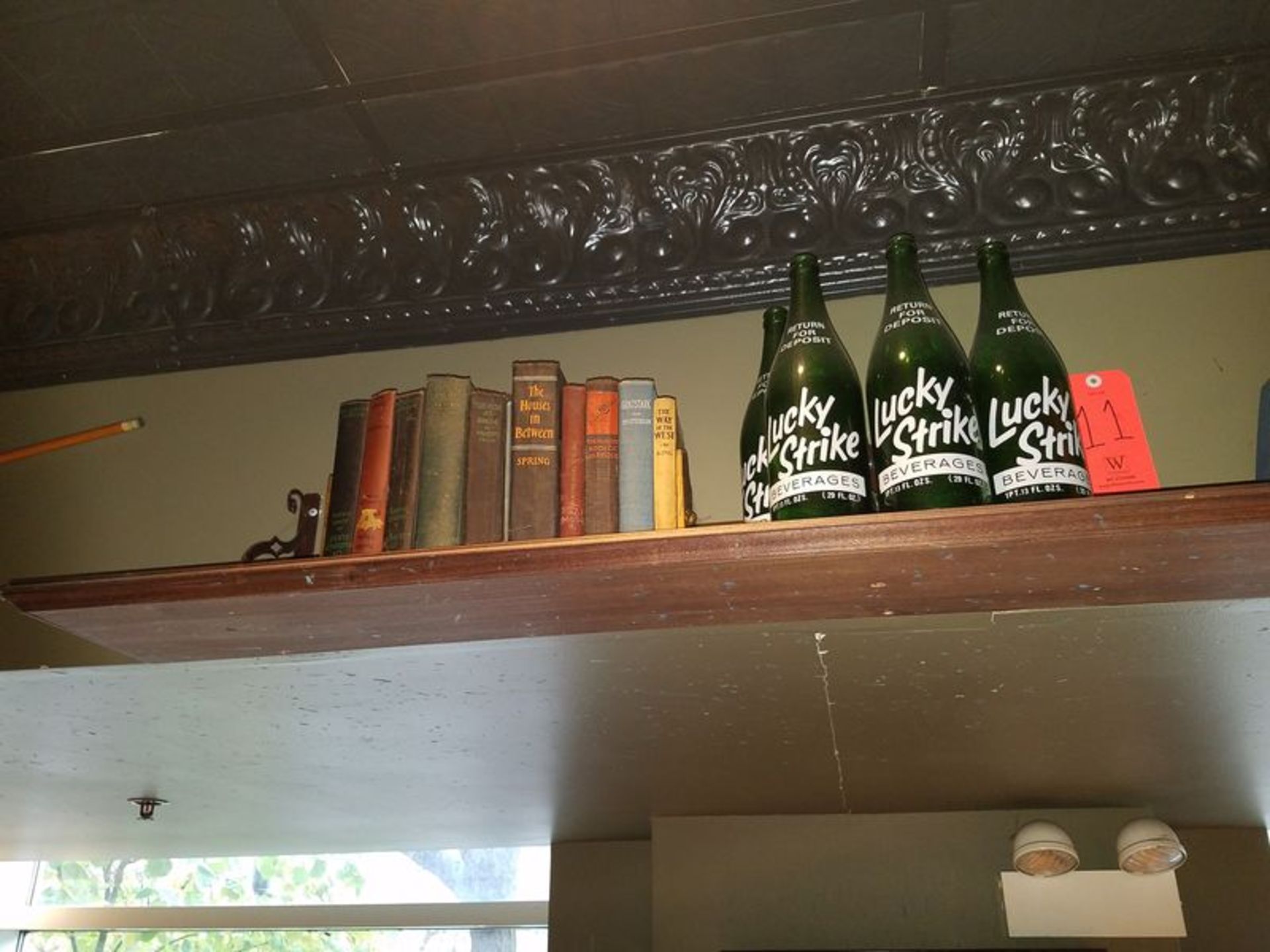 Lot - Assorted Books, Lucky Strike Bottles, Misc., with Shelf (Wall-Mounted) - Image 3 of 4