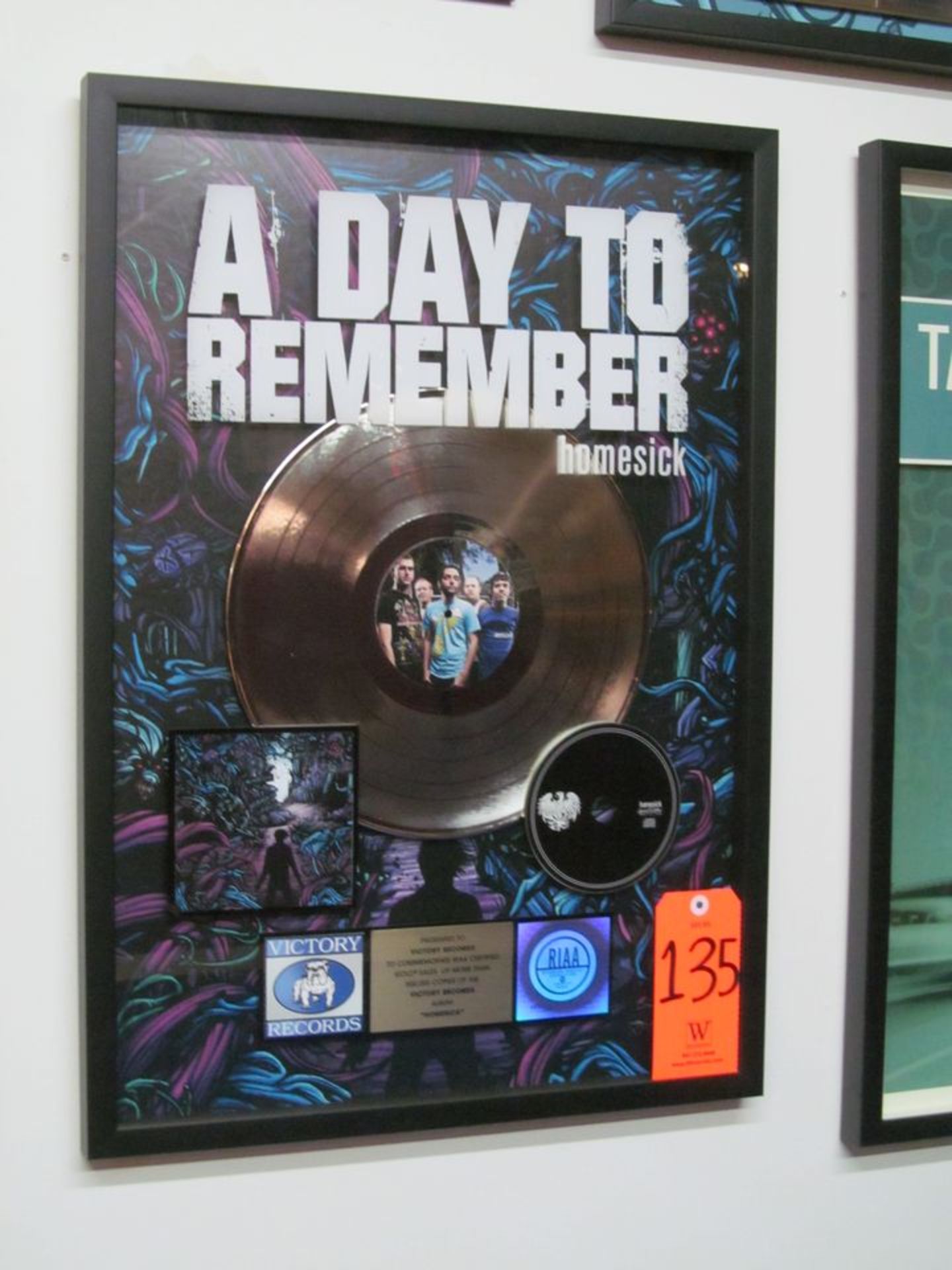 RIAA Certified Gold Record for the Album "Homesick" by A Day To Remember, to Commemorate Sales of