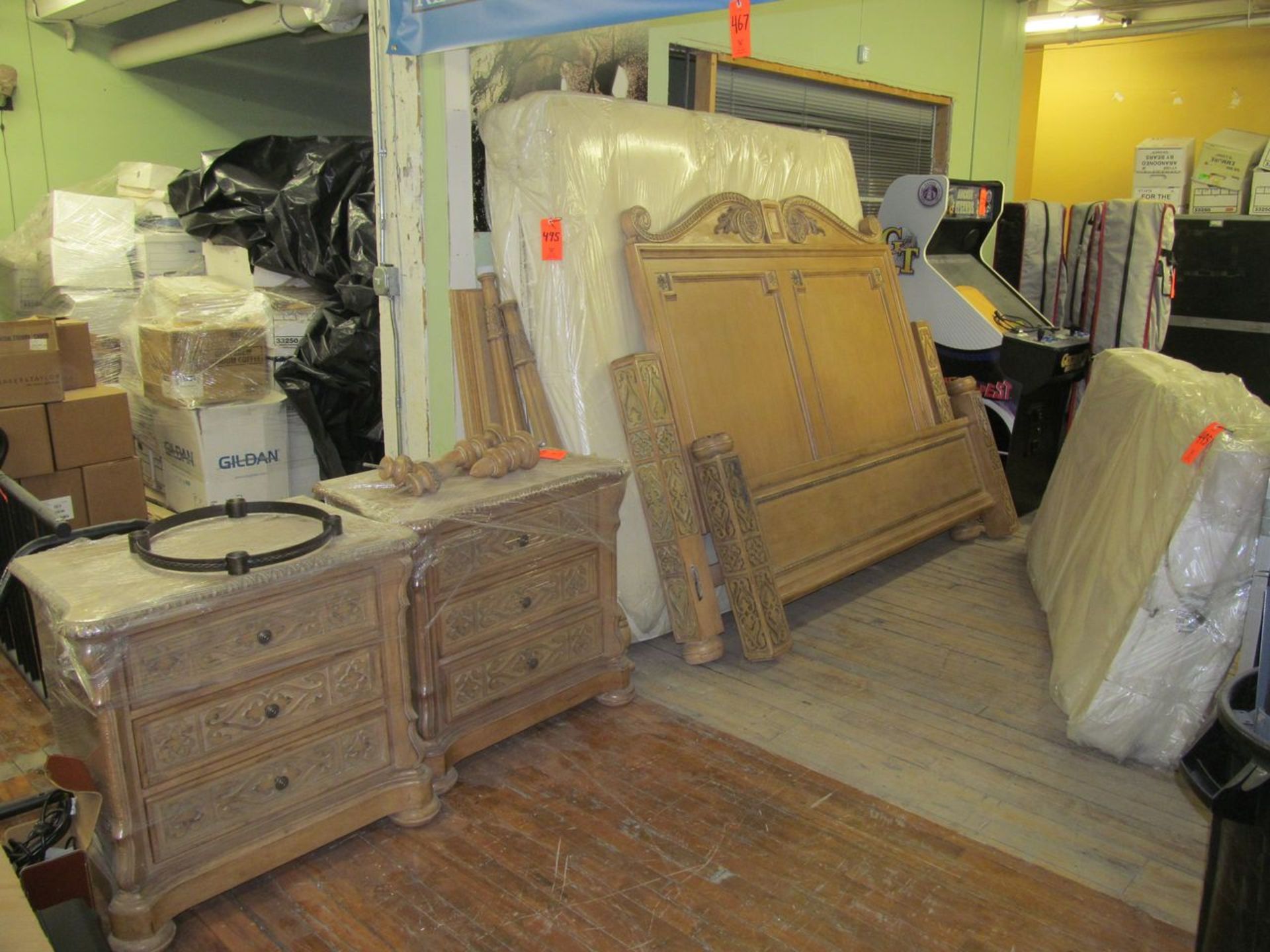 Lot - Queen Bedroom Set, to Include: Wood Bedframe, (2) Nightstands, Mattress and Box Springs