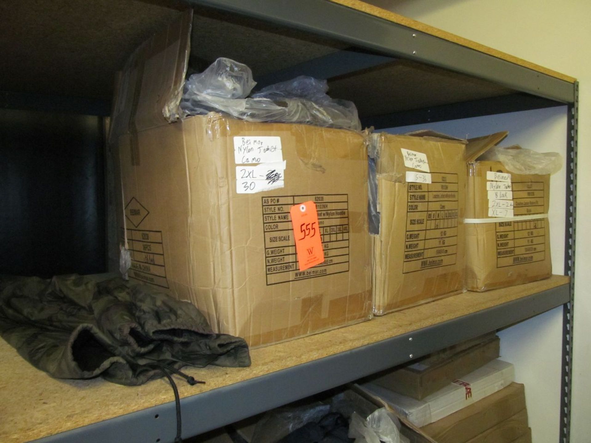 Lot - Contents of Shelf, to Include: (4) Boxes Un-Printed Nylon Jackets (Camo, Blue Camo, Black), (