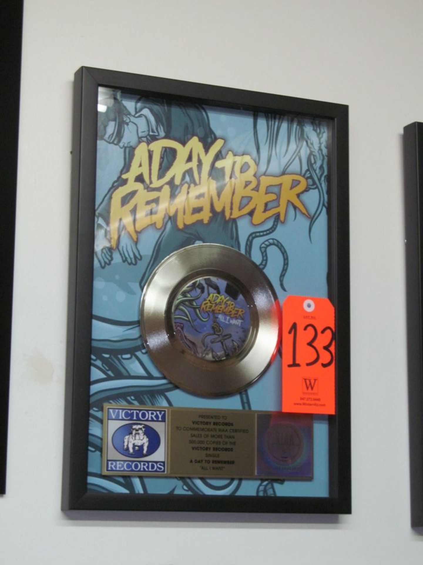 RIAA Certified Gold Record for the Single "All I Want" by A Day To Remember, to Commemorate Sales of