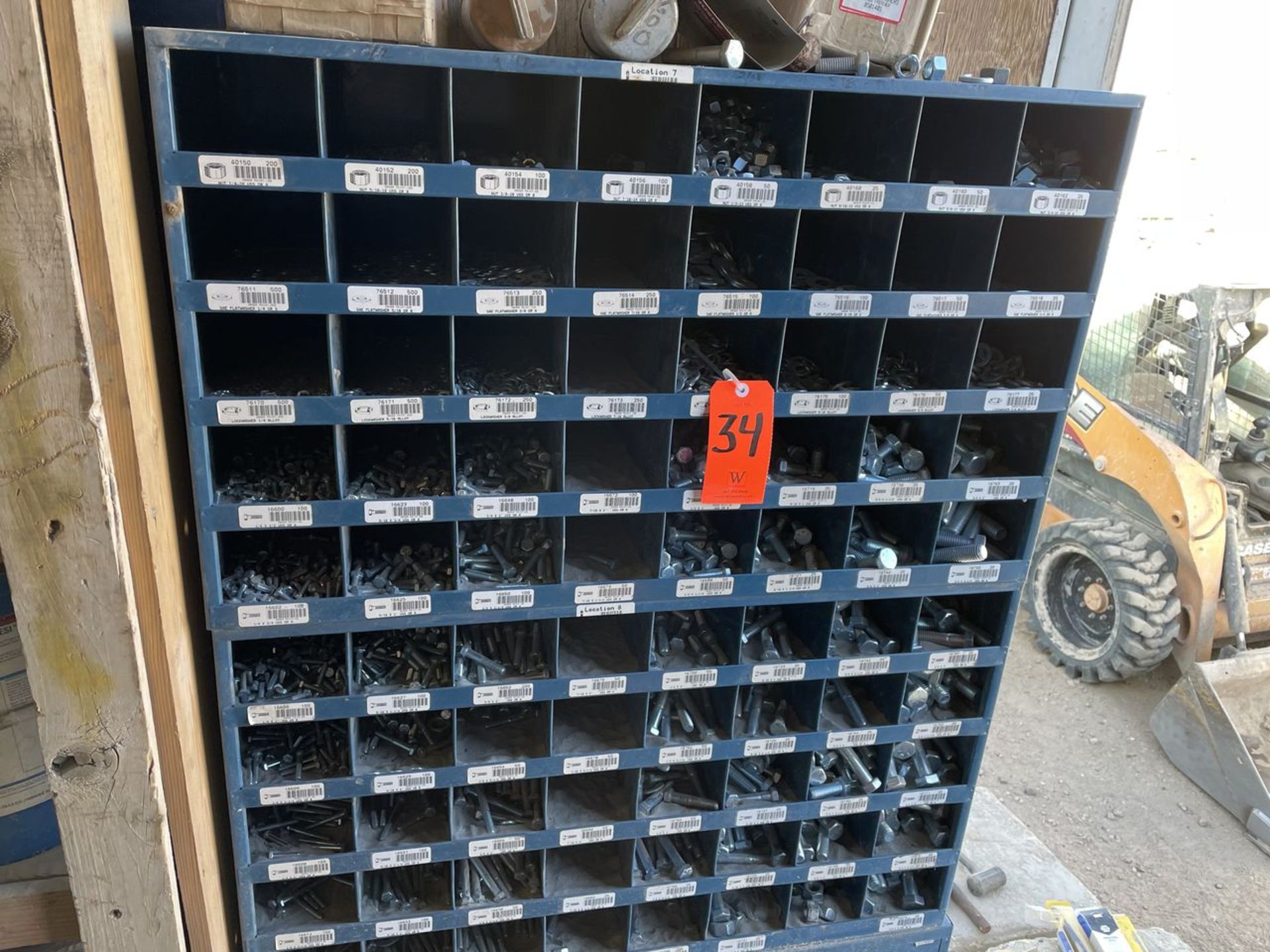 Lot - 80-Hole Parts Bin with Stand and Bolts, Washers; (2) 40-Hole Parts Bins with Bolts; 36-Hole