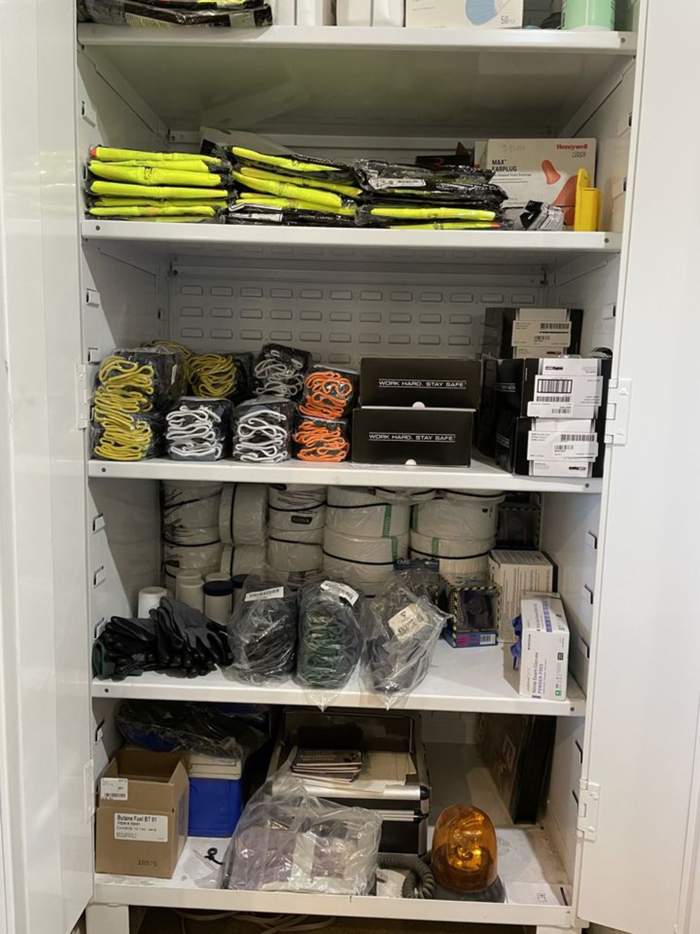 Lot - Assorted Safety Vests, Safety Glasses, Ear Plugs, Posigrip Gloves (Cabinet Not Included)