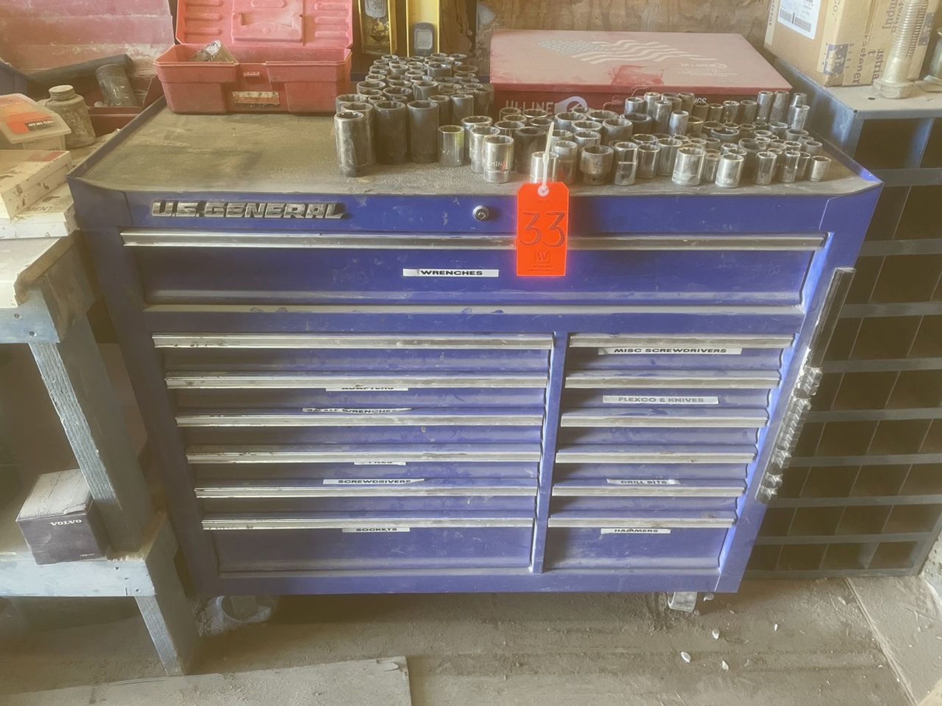 Lot - US General 13-Drawer Tool Chest; with Contents to Include: Sockets, Wrenches, Levels & Hand