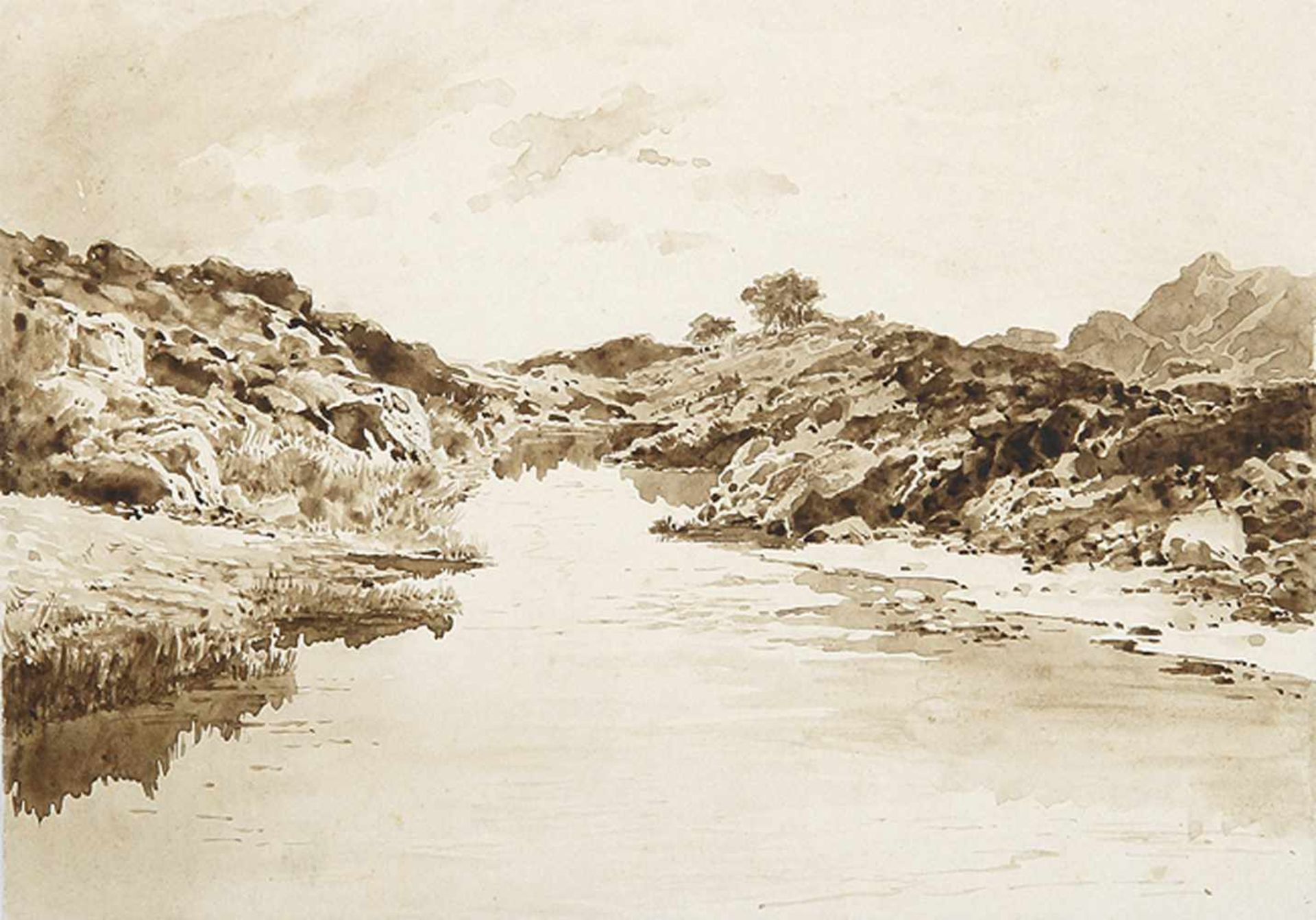 DEUTSCHER KÜNSTLERAm Felsenufer. Aquarell in Brauntönen. Auf leichtem, chamoisfarbenem Karton. 17,