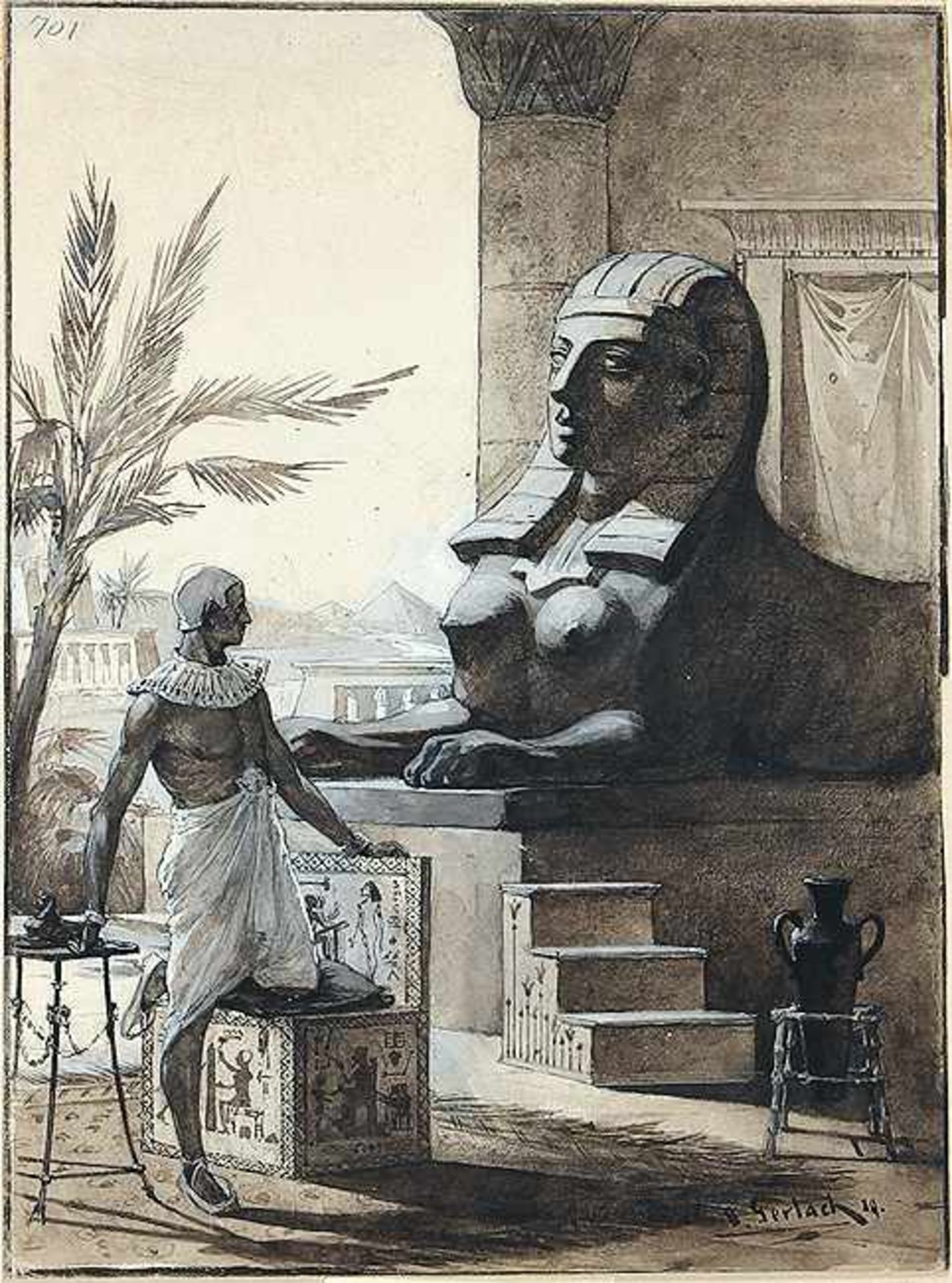 OTTO GERLACH Leipzig 1862 - 1908 TeheranPharao vor der Sphinx. Illustrationsvorlage für „Wie die