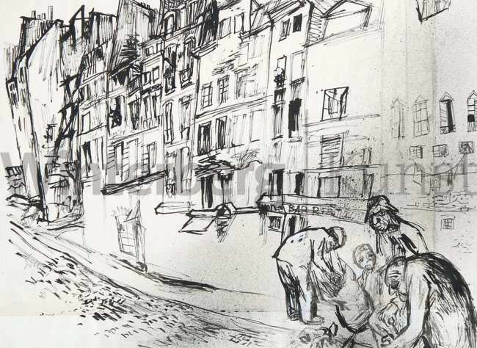 KARL HUBBUCH 1891 - Karlsruhe - 1979„In der Rue St. Jacques“, Paris. Lavierte Rohrfederzeichnung