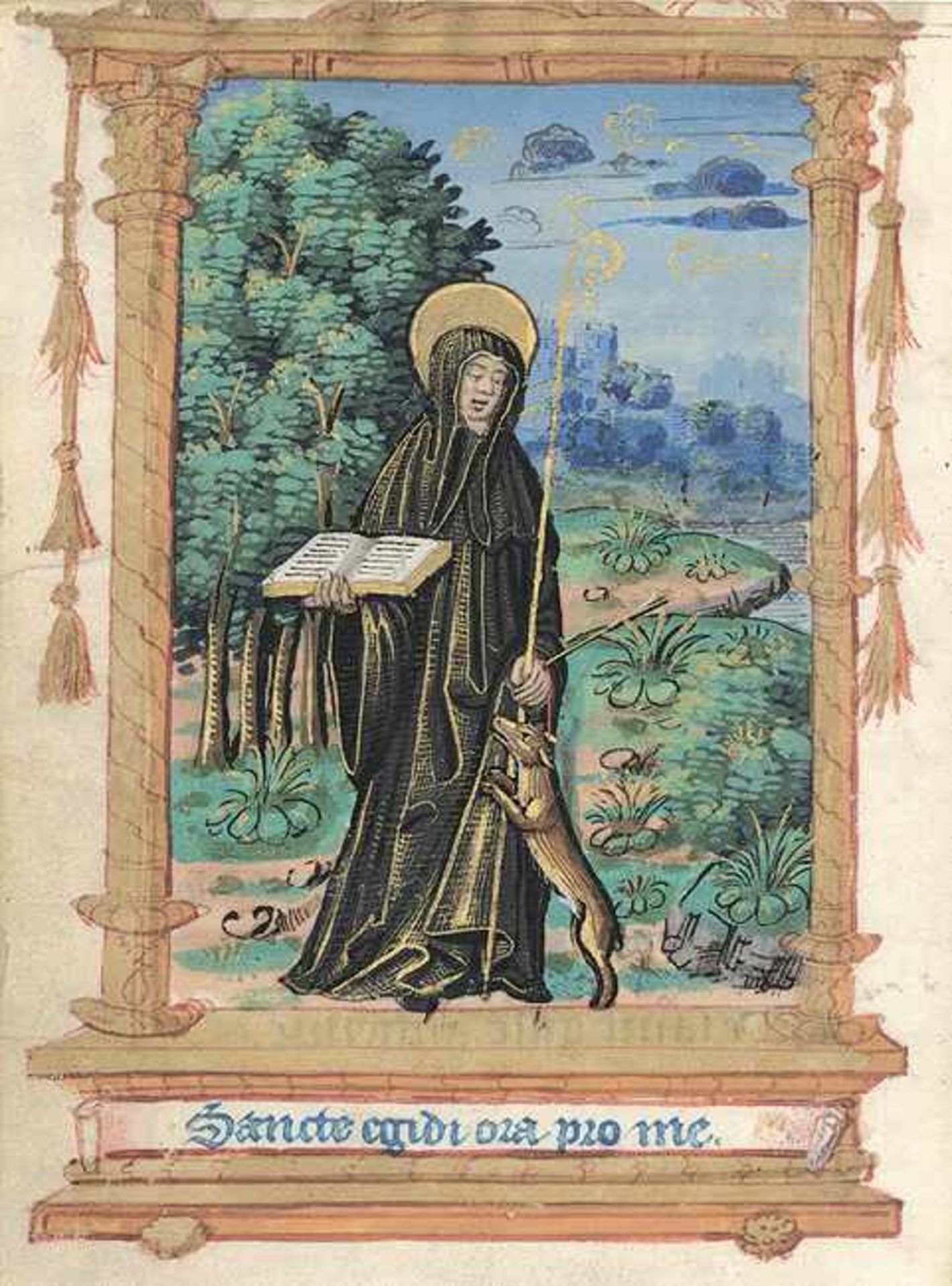 MINIATURENDer heilige Aegidius. Der Benediktiner-Abt vor einer weiten Landschaft mit Burganlage im