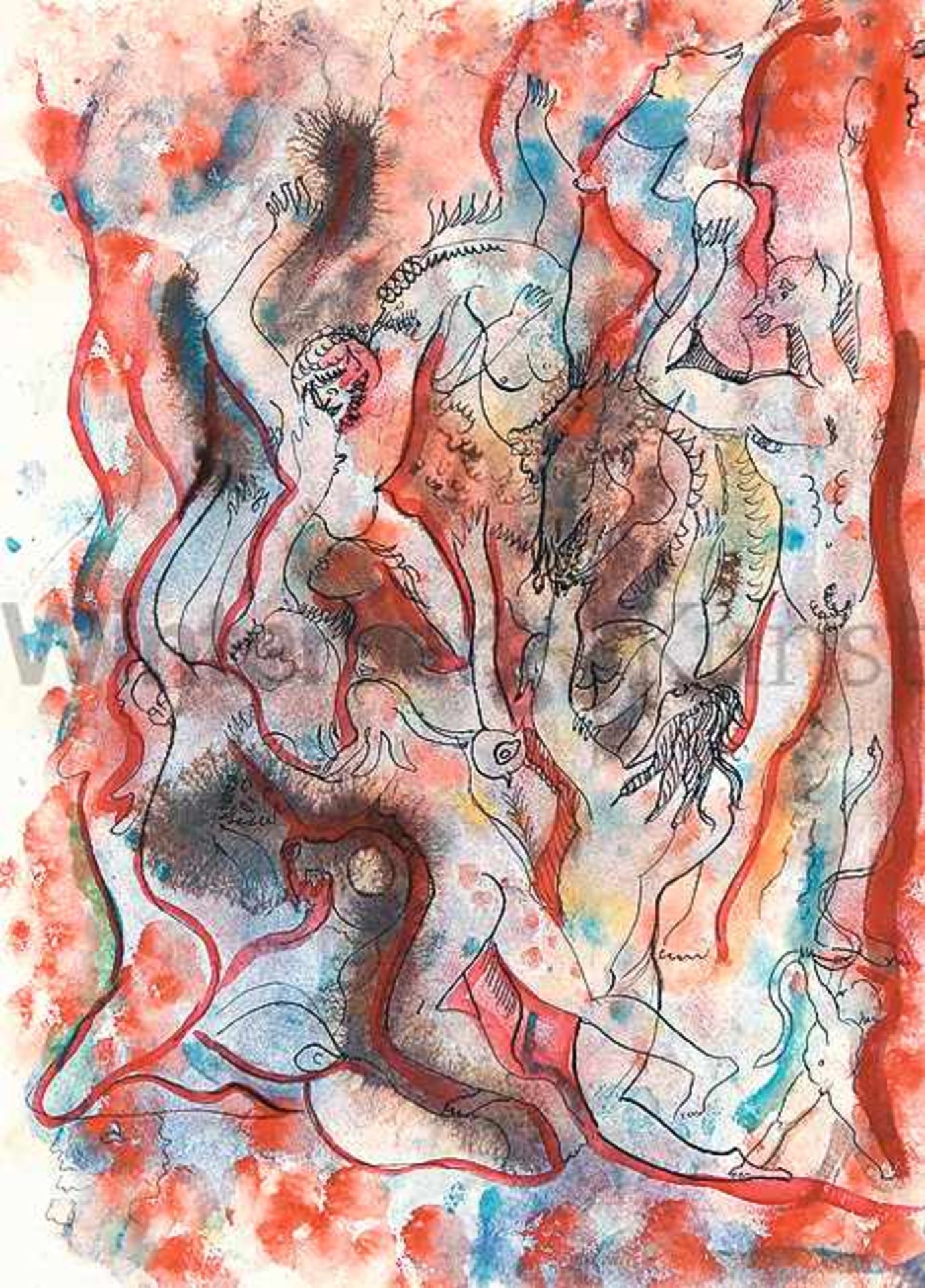 RAYMOND DUVILLE Paris 1916 - 2007 (?)Apokalyptische Figurenkomposition. Aquarell mit