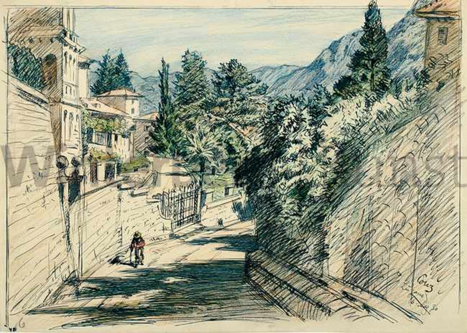 WALTER CONZ Stuttgart 1872 - 1947 ÜberlingenVon Villen gesäumte Straße in Lugano. In Farbstift