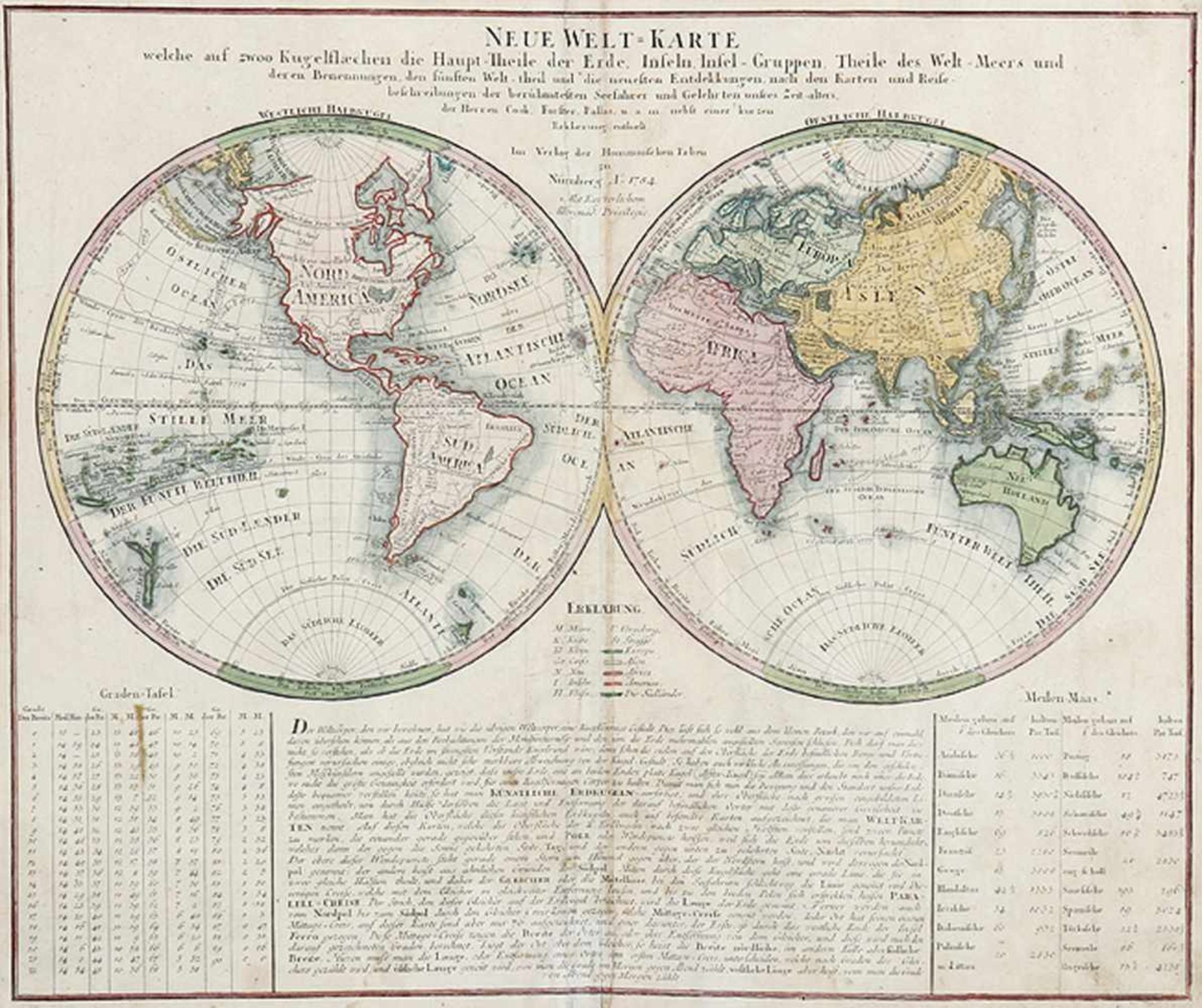 WELTKARTEN„Neue Welt=Karte...“. Teilkolorierte Kupferstichkarte mit ausführlicher Erläuterung bei