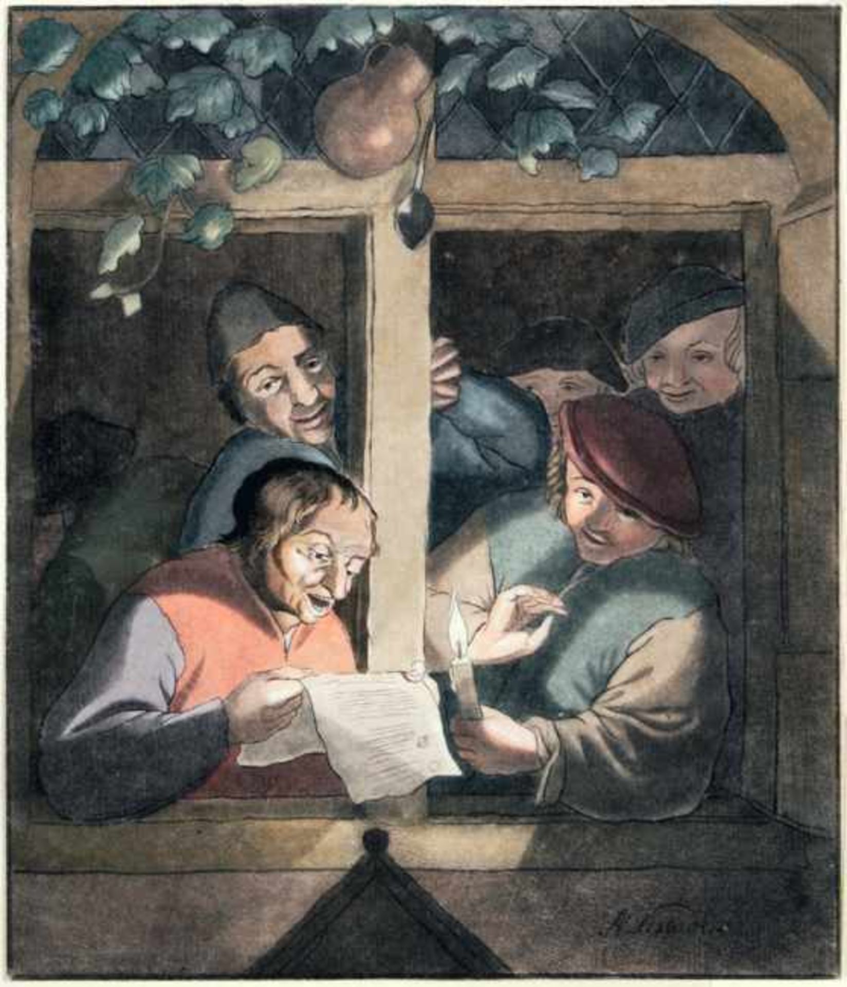 ADRIAEN VAN OSTADE 1610 - Haarlem - 1684Die Sänger am Fenster. Aquarelliertes Schabkunstblatt von B.