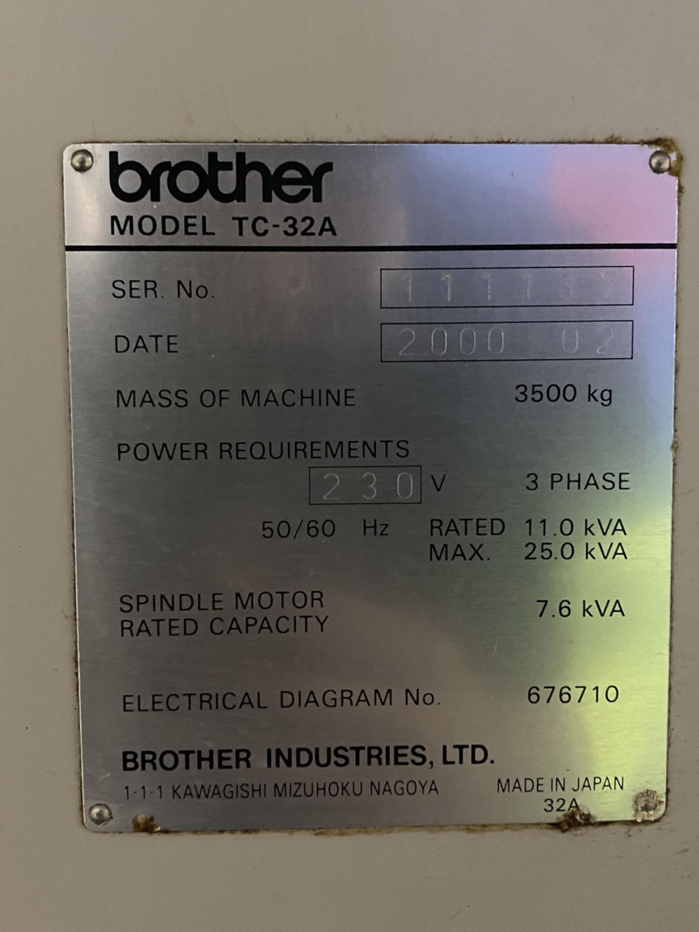 Brother Model TC-32A CNC Drilling & Tapping Center, S/N: 111137 (2000); with 18-Position ATC, - Image 7 of 7