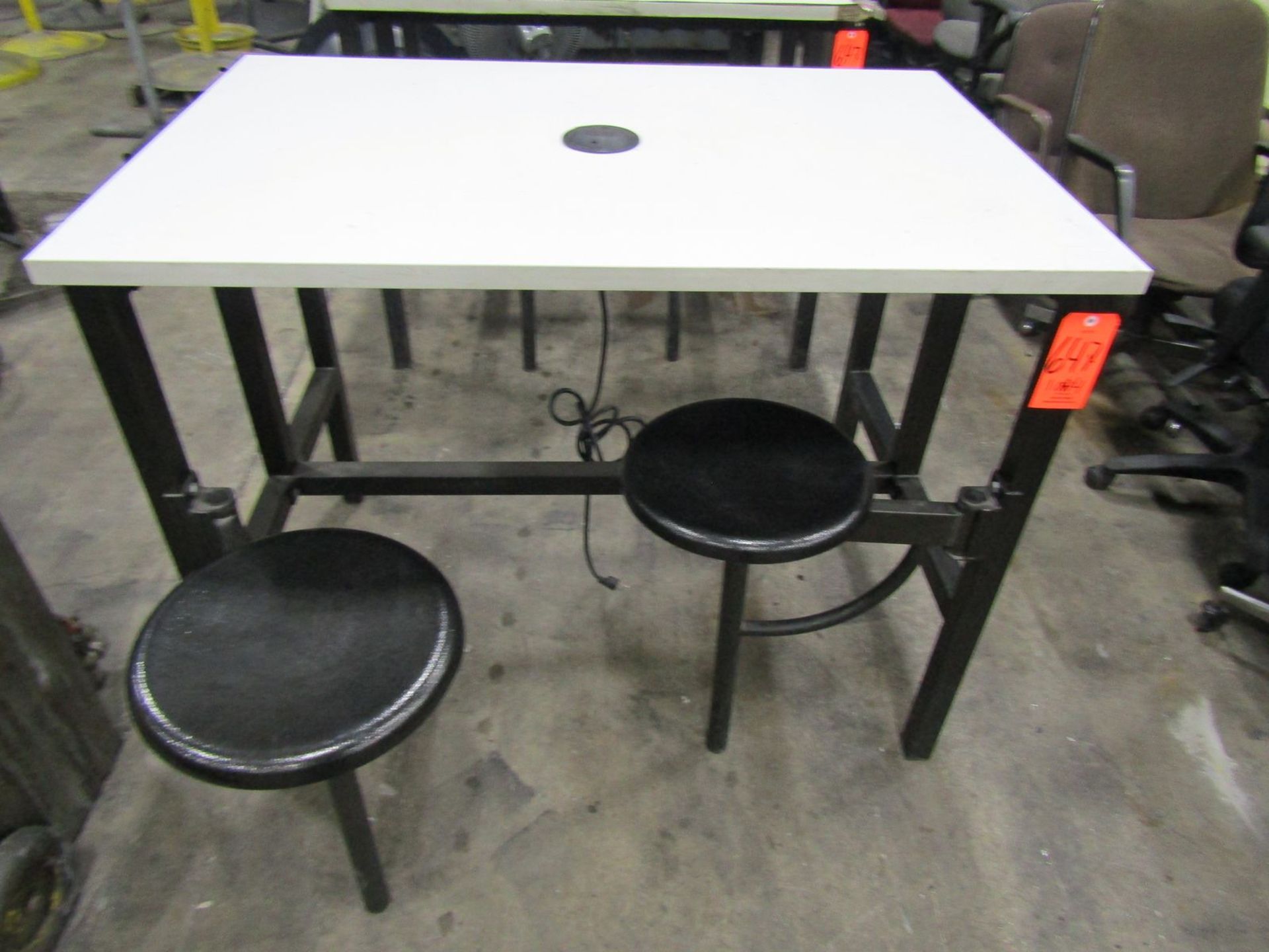 Lot - (4) 47.5 in. x 31.5 in. Work Stations; with Swing-Away Steel Stools & Electrical Outlets