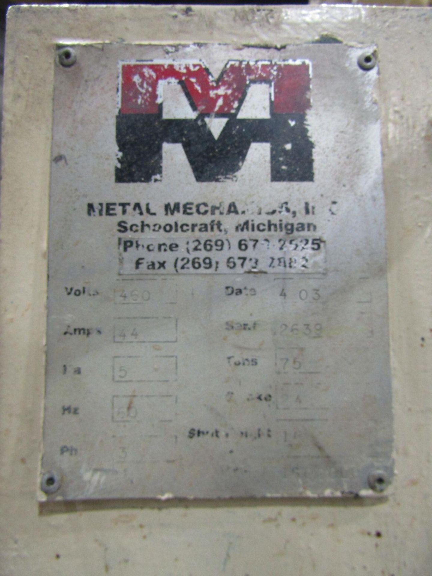 Metal Mechanics 75-Ton Capacity Model TP-75 Vertical Die Cast Trimming Press, S/N: 2639; with - Image 7 of 7