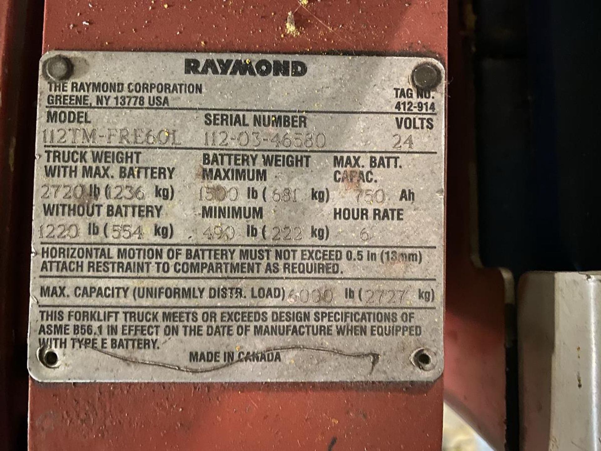 Raymond 6,000 lb. Cap. Model 112TM-FRE60L Electric Pallet Jack, S/N: 112-03-46580; 24-Volt - Image 4 of 4