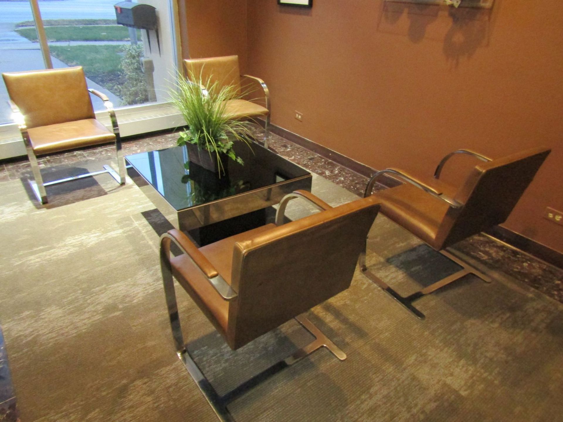 Lot - Reception Furniture, to Include: (4) Waiting Chairs & (1) 33 in. x 33 in. Coffee Table