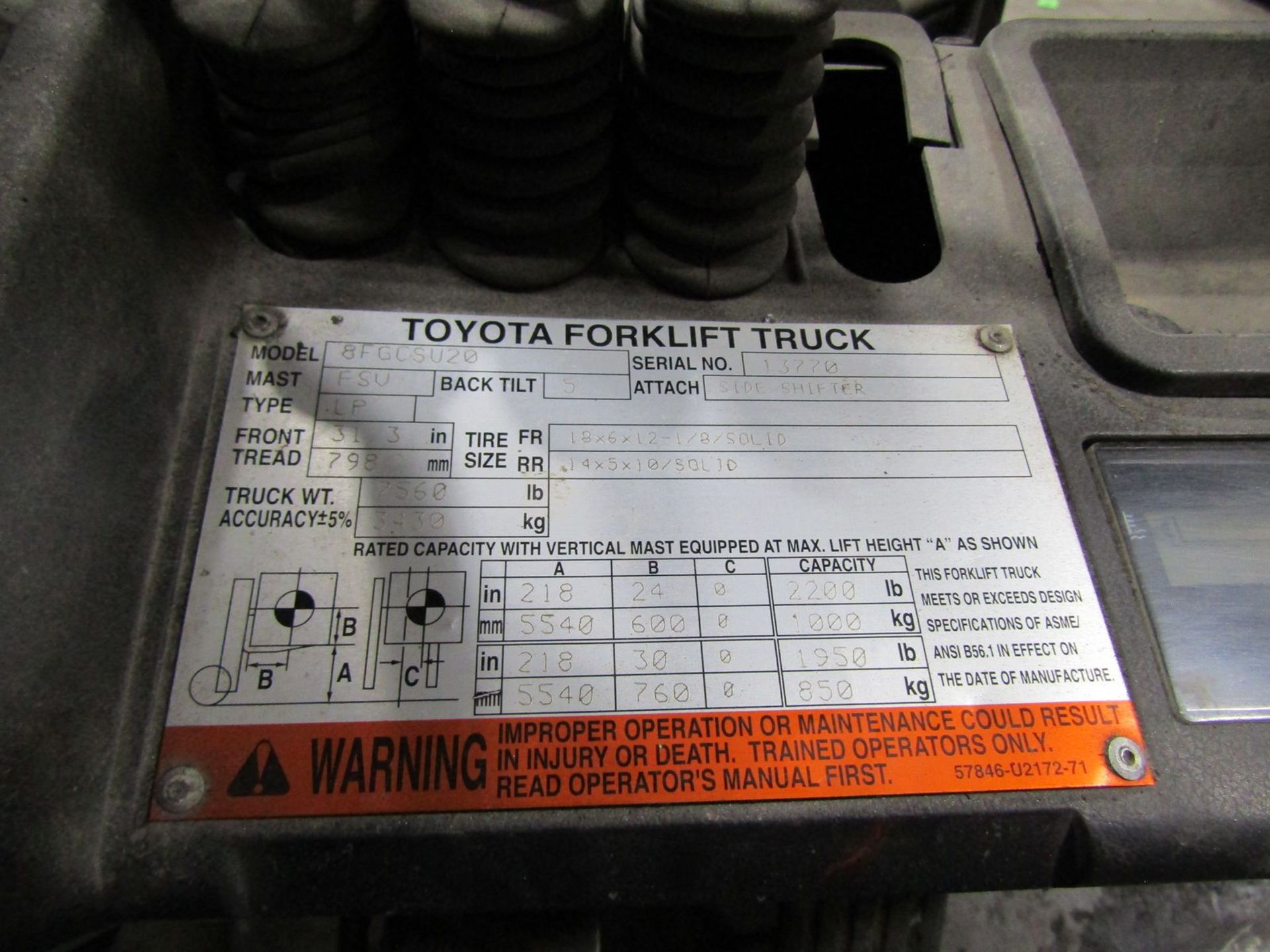 Toyota 2,200 lb. Cap. Model 8FGCSU20 LP Fork Lift Truck, S/N: 13770; with 3-Stage Mast, Side - Image 11 of 11