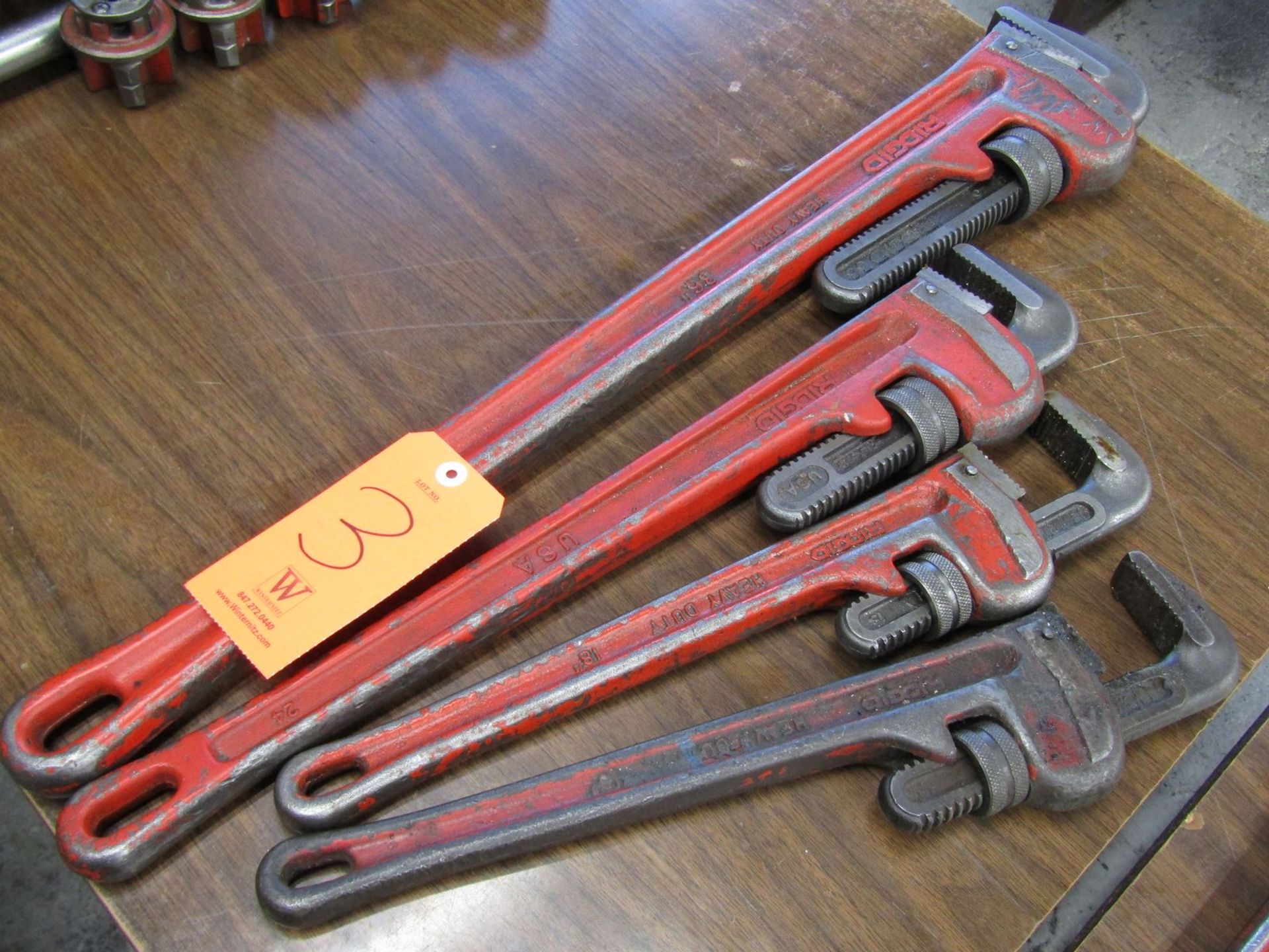 Lot - (4) Ridgid Pipe Wrenches; (1) 36 in., (1) 24 in., (2) 18 in.