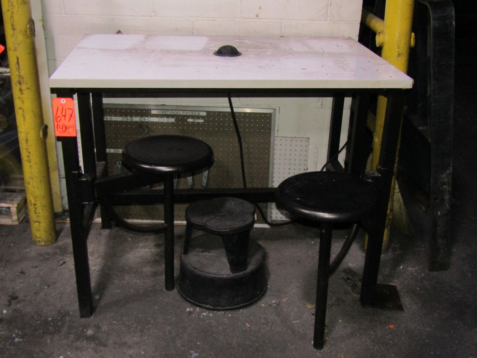 Lot - (4) 47.5 in. x 31.5 in. Work Stations; with Swing-Away Steel Stools & Electrical Outlets - Image 4 of 4