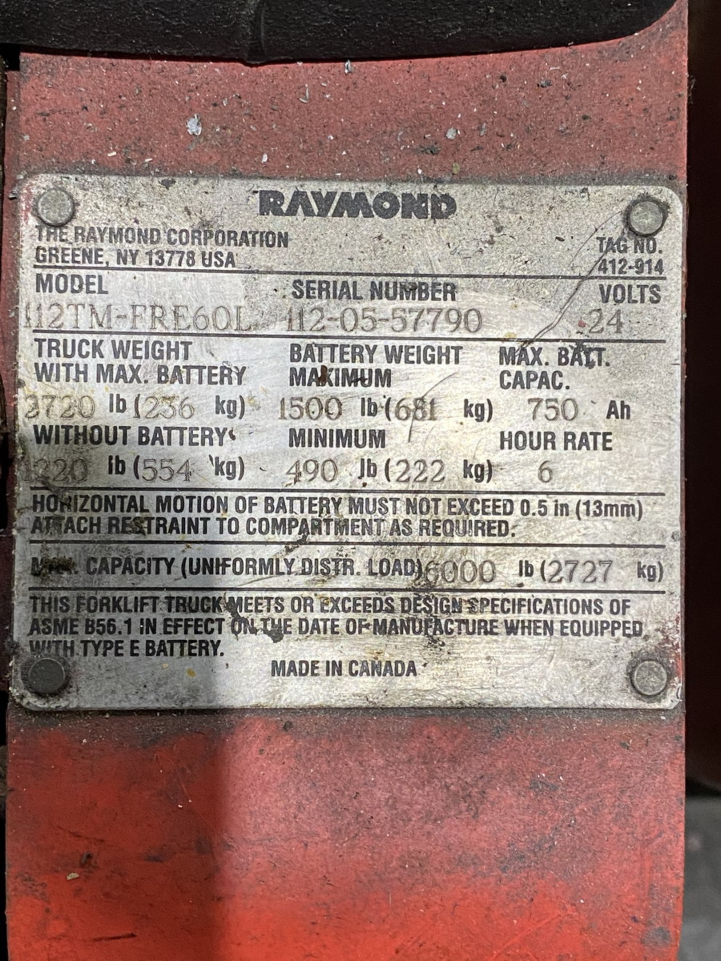 Raymond 6,000 lb. Cap. Model 112TM-FRE60L Electric Pallet Jack, S/N: 112-505-57790; 24-Volt - Image 5 of 5