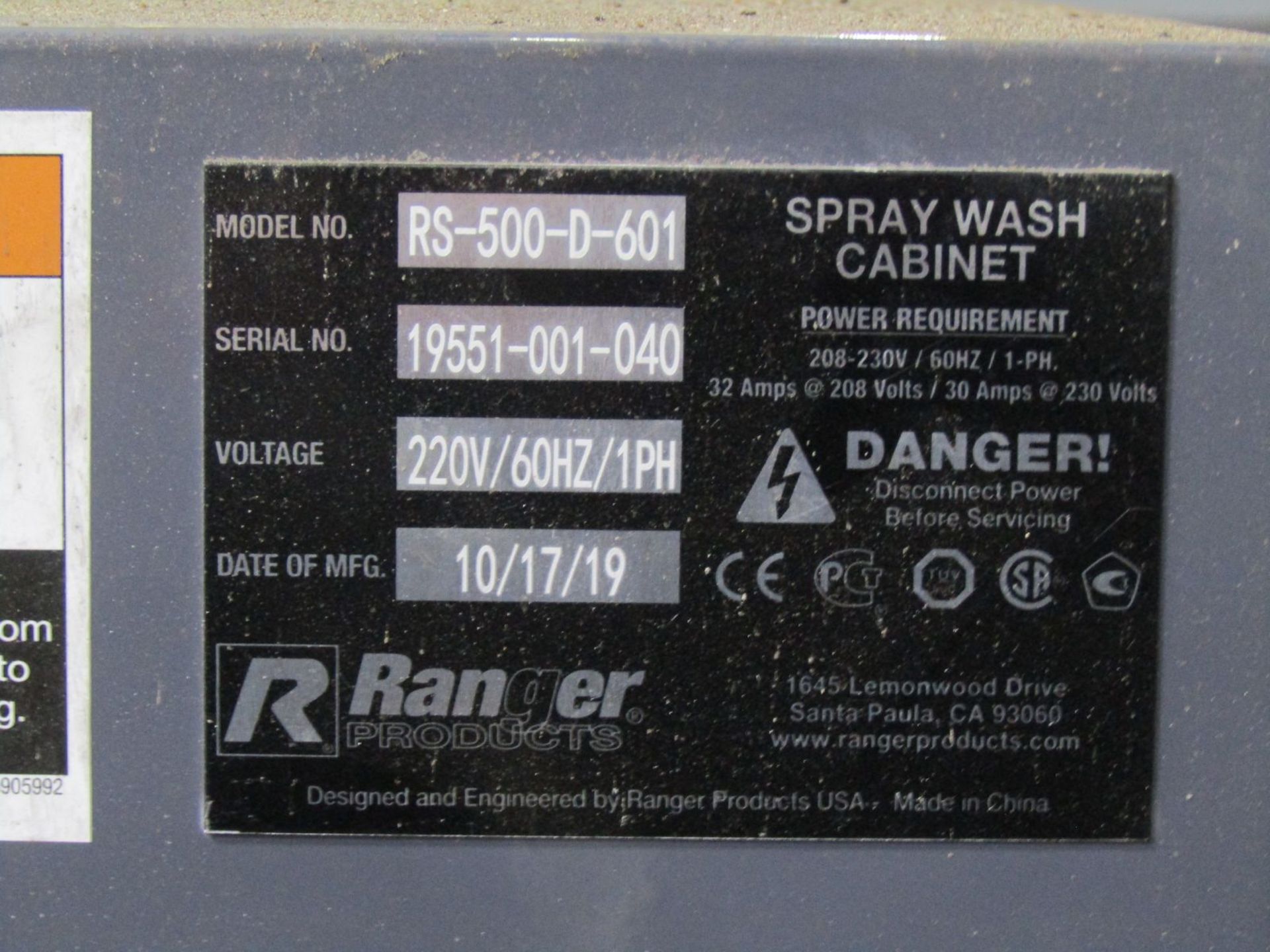 Ranger Model RS-500-D-601 Spray Wash Cabinet, S/N: 19551-001-040 (2019); Rated at 500 lb. Max. - Image 5 of 5