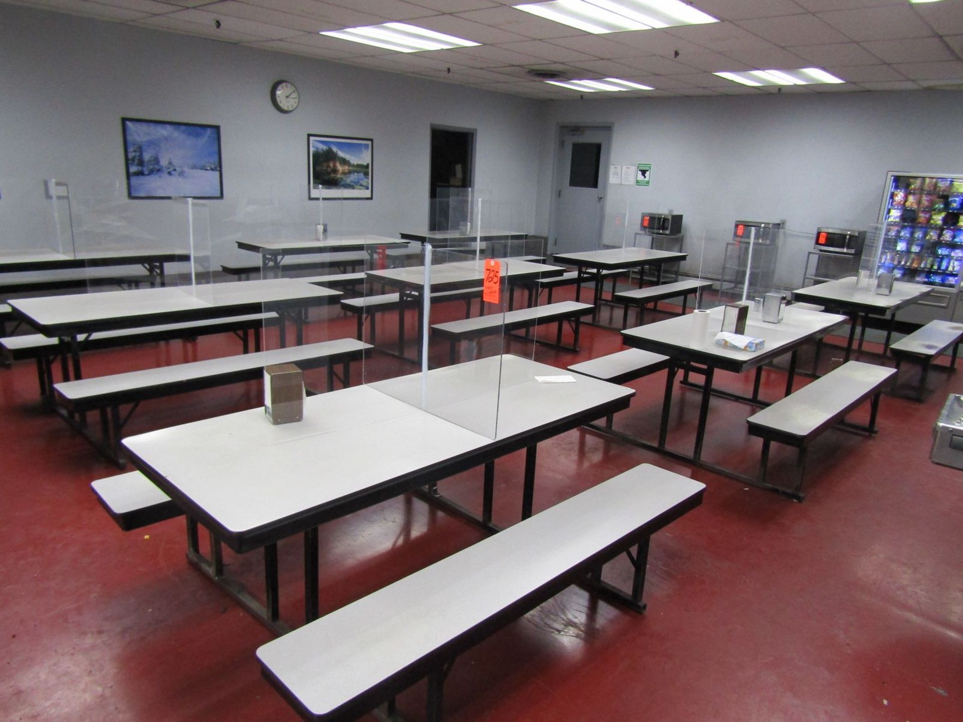 Lot - Lunch Room Furniture, to Include: (9) Lunch Tables, (5) Stainless Steel Microwave Stands, & (