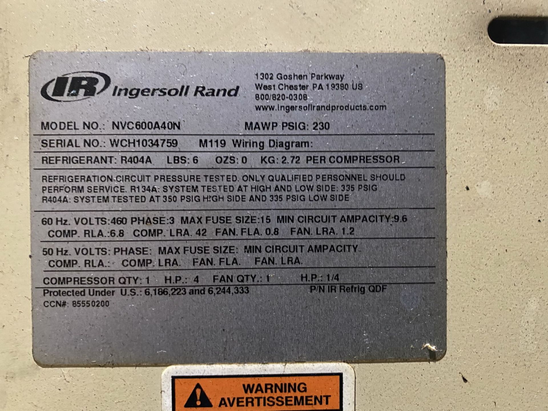 Ingersoll-Rand Model NVC600A40N Refrigerated Air Dryer, S/N: WCH10347549; Rated at 230 MAWP PSIG, - Image 4 of 4