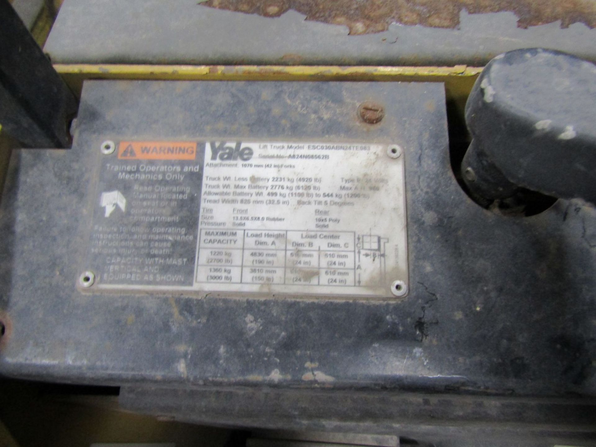 Yale 3,000 lb. Cap. Model ESC030ABN24TE083 Electric Stand-Up Fork Lift Truck, S/N: A624N08562B; 24- - Image 7 of 7