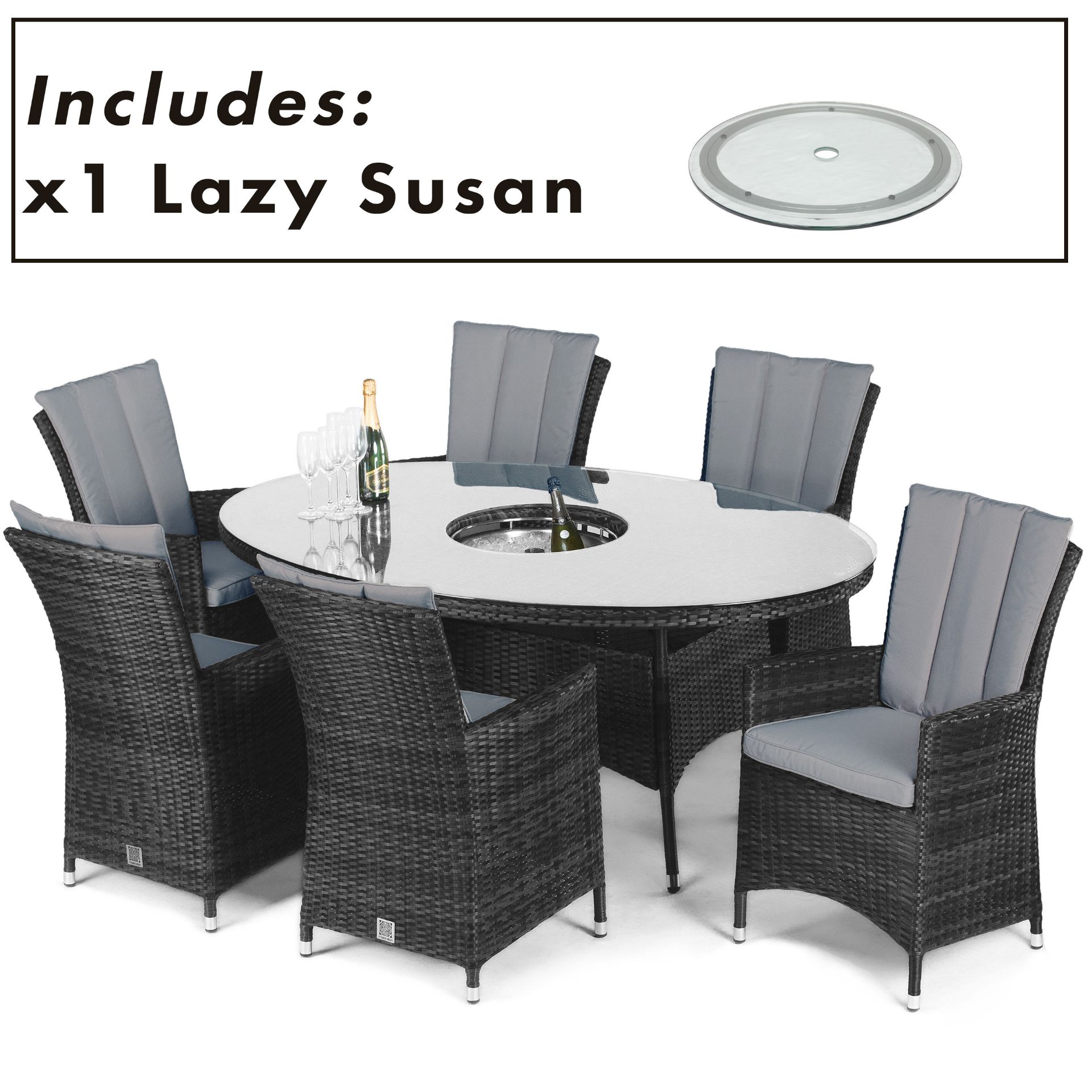 Rattan LA 6 Seat Oval Outdoor Dining Set With Lazy Susan (Grey) *BRAND NEW*